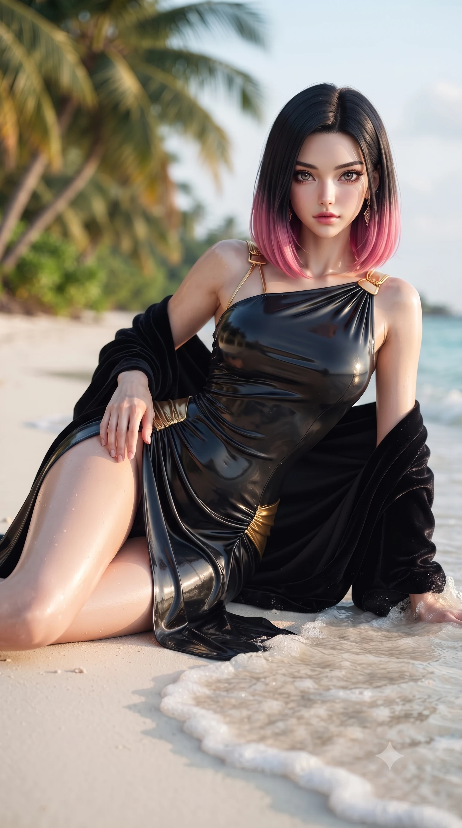 score_9, masterpiece, best quality, ultra-detailed, high-budget anime keyframe, editorial fashion photography, tasteful artistic composition, Korean woman. close-up cowboy shot from the waist and thighs up, the character dominates the composition, filling the frame with her large presence. arching her spine backward with effortless dancer poise, one hand sliding along her hip line as directional light carves specular highlights along her silhouette while reclining on powdery white coral sand propped on one elbow, her curvy hips and long slender legs caressed by gentle turquoise lapping waves. The composition keeps background elements in soft focus with creamy bokeh. swaying coconut palm fronds and distant coral reef crests softened in tropical paradise shallow focus. She has an exceptionally elegant, slender, and willowy female figure with an ultra-slim waist, flat toned midriff, narrow ribcage, and sculpted feminine hips creating an alluring, slim hourglass silhouette without bulk. sharp v-shaped jawline, high-bridge nose, intricate jewel-like eyes with depth, thick eyelashes, glossy parted lips with a natural sheen, intensely captivating and seductive bedroom-eyes expression, flawlessly proportioned anatomical accuracy, strict slender model proportions, natural body alignment, perfectly sculpted long slender limbs, ultra-slim waistline, clean dynamic posture without body distortion. wearing a high-slit Grecian goddess draped gown with asymmetrical gold shoulder clasps and hip gathering in midnight obsidian black and liquid gold, tailored from second-skin aerodynamic stretch vinyl with specular wet sheen, complemented by a plush velvet shawl draped loosely over her elbows, the glove-like aerodynamic silhouette tightly following the natural contour of her hips and long slender legs with statuesque 8.5-heads elegance. illuminated by warm specular sand reflections sharply carving her razor-sharp jawline, narrow waist, and curvy hips. ultra-reflective glossy finish, specular highlights, rich textural contrasts, high-contrast stereoscopic depth, volumetric dynamic lighting, 2k, ultra detail, master piece, 9:16 ratio