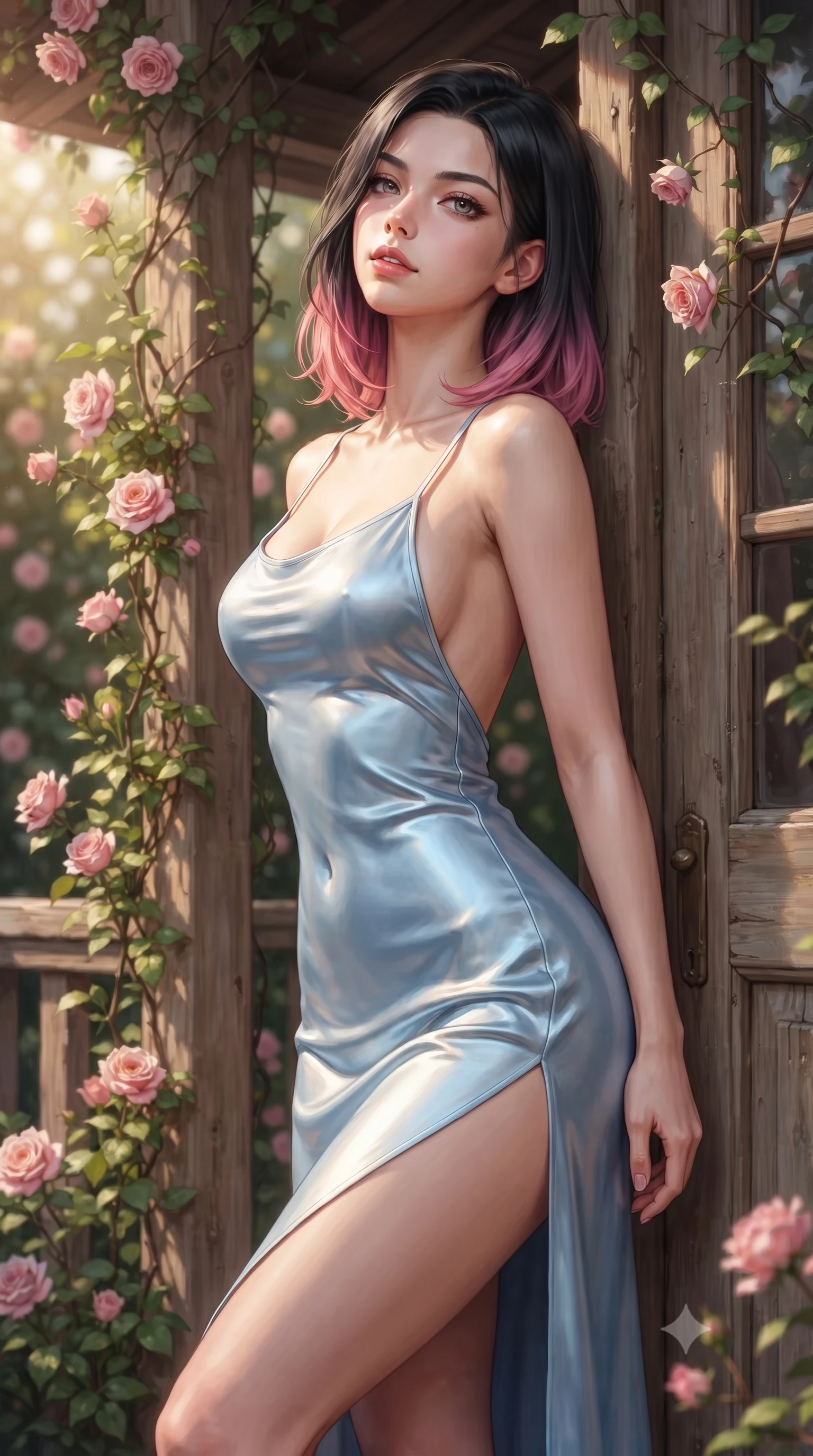 score_9, masterpiece, best quality, ultra-detailed, high-budget anime keyframe, editorial fashion photography, tasteful artistic composition, Korean woman woman. close-up cowboy shot from the waist and thighs up, the character dominates the composition, filling the frame with her large presence, background elements kept in soft focus. tilting her chin up slightly with lips parted in a composed, provocative expression the background shows a soft-focus the front porch of a rustic cottage covered in pink roses and ivy. She has an exceptionally elegant, slender, and willowy female figure with an ultra-slim waist, a gracefully sculpted slender torso, and a refined silhouette. sharp v-shaped jawline, high-bridge nose, intricate jewel-like eyes with depth, thick eyelashes, glossy lips with a natural sheen. wearing a form-contouring lightweight silk slip dress in baby blue with a high side slit and a low-cut back. warm morning sunbeams highlighting the wooden door and flowers. ultra-reflective glossy finish, specular highlights, metallic sheen, high-contrast stereoscopic depth, volumetric dynamic lighting, 2k, ultra detail, master piece, 9:16 ratio