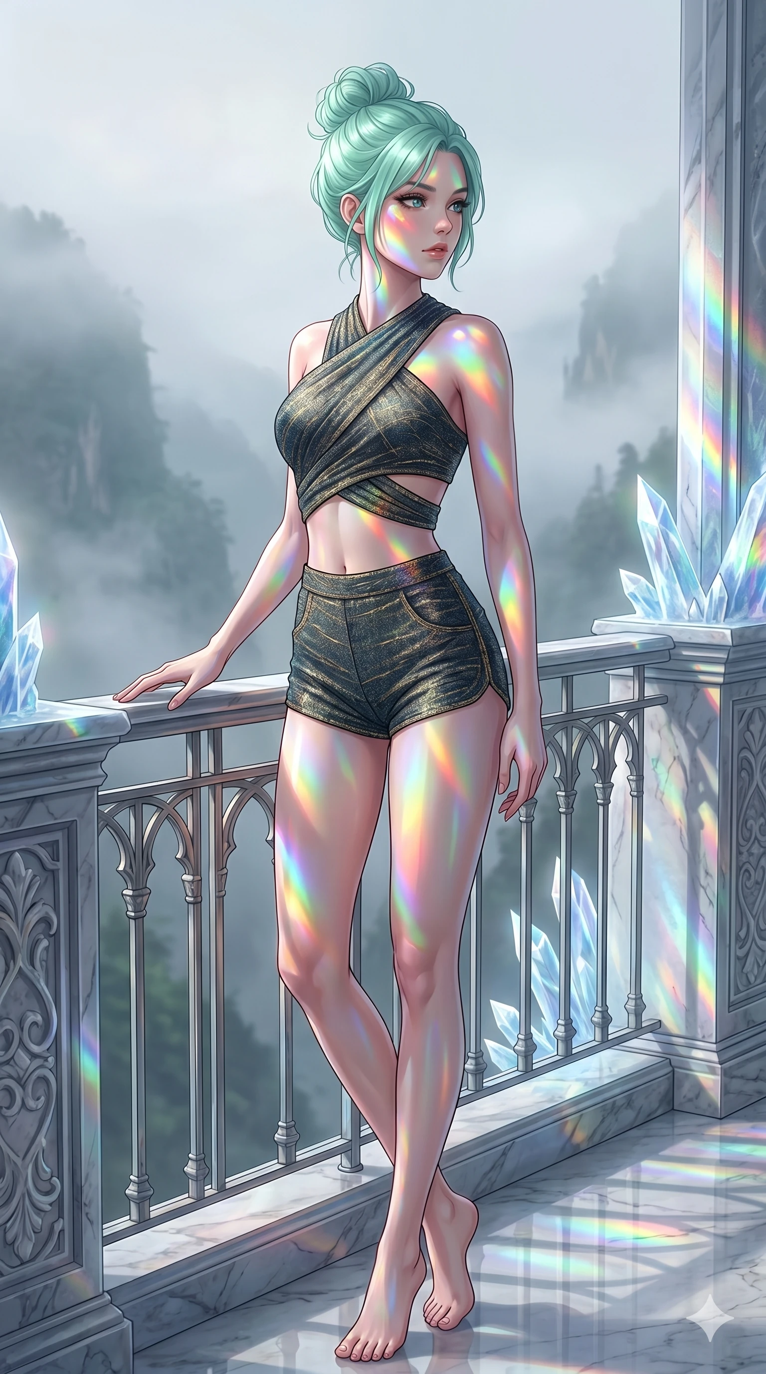score_9, masterpiece, best quality, ultra-detailed, high-budget anime keyframe, editorial fashion photography, tasteful artistic composition, Japanese woman. cowboy shot from the thighs up, character and outfit filling the frame for maximum editorial presence. resting one hand on the metal railing, casting a slow gaze over her shoulder standing on a marble balcony overlooking a misty valley (Code-P17-079). She has an absolutely perfect 8-heads proportion, an exceptionally tall and slender female figure with impossibly long slender legs and an ultra-slim waist. V-shaped jawline, high-bridge nose, intricate jewel-like eyes with depth, thick eyelashes, glossy lips with a natural sheen. wearing a modern wrap top with an exposed midriff and matching micro-shorts. cascading rainbow prismatic light refracting through ice, painting colors on her body. 2k, ultra detail, master piece, 9:16 ratio