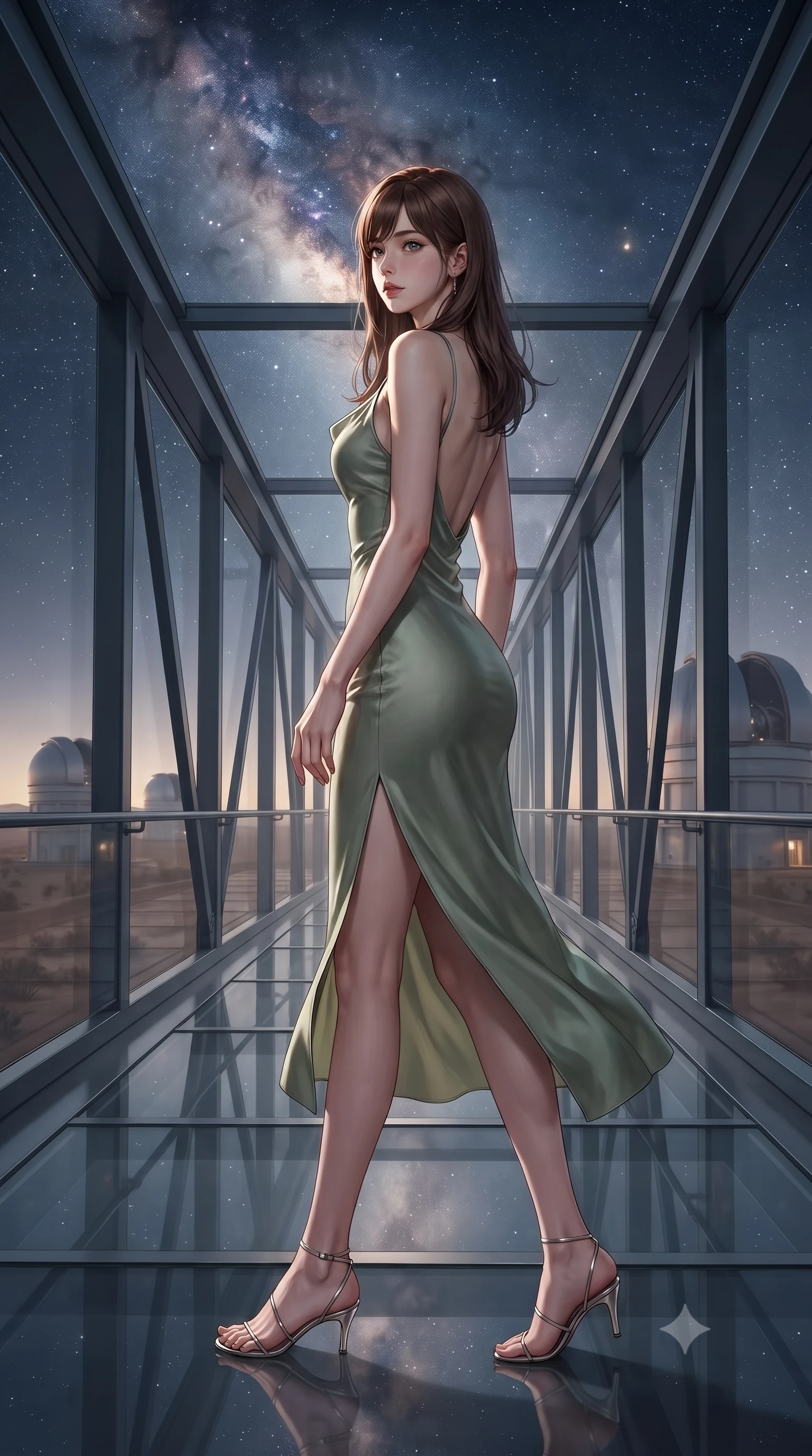 score_9, masterpiece, best quality, ultra-detailed, high-budget anime keyframe, editorial fashion photography, tasteful artistic composition, Korean woman. low angle full-body shot from head to toe showing her feet, filling the entire 9:16 vertical frame with her statuesque presence, stretching her vertical silhouette. walking slowly along a glass skybridge, looking back over her shoulder with an air of effortless grace, the background shows a soft-focus a desert oasis observatory looking at a galaxy nebula in stardust. She has an absolutely perfect, statuesque 8.5-heads proportion, an exceptionally tall and slender model-like female figure with impossibly long slender legs and an ultra-slim waist. sharp v-shaped jawline, high-bridge nose, intricate jewel-like eyes with depth, thick eyelashes, glossy lips with a natural sheen. wearing a body-hugging lightweight silk combat slip dress in sage green, featuring a high side slit and a low-cut back. soft silver starlight wrapping her statuesque posture in a quiet mood. ultra-reflective glossy finish, specular highlights, metallic sheen, high-contrast stereoscopic depth, volumetric dynamic lighting, 2k, ultra detail, master piece, 9:16 ratio