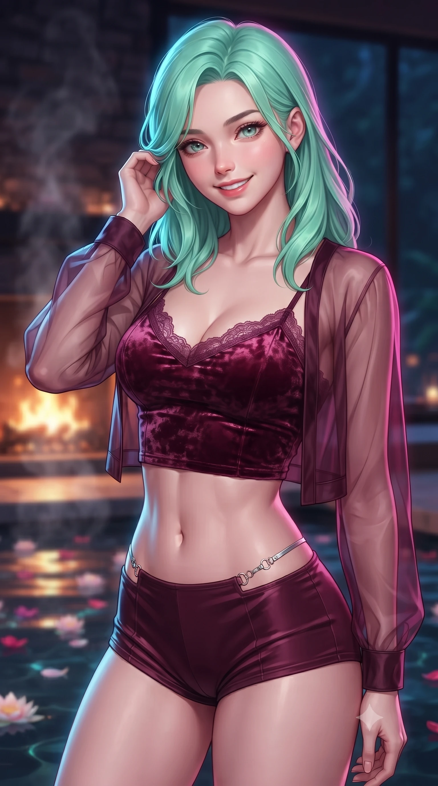 score_9, masterpiece, best quality, ultra-detailed, high-budget anime keyframe, editorial fashion photography, tasteful artistic composition, Japanese woman. close-up cowboy shot from the waist and thighs up, the character dominates the composition, filling the frame with her large presence, background elements kept in soft focus. flashing a warm, intoxicating grin while gently tucking a strand of hair behind her ear set against a soft-focus background of inside an exclusive fireplace lounge with rising mineral steam and floating flower petals on the clear water surface. She has an exceptionally elegant, slender, and willowy female figure with an ultra-slim waist, a gracefully sculpted slender torso, and a refined silhouette. sharp v-shaped jawline, high-bridge nose, intricate jewel-like eyes with depth, thick eyelashes, glossy lips with a natural sheen. wearing slim-fit deep burgundy crushed velvet delicate lace-trim crop top worn under a sheer organza cardigan with high-waist micro-shorts accented with delicate silver hardware. drenched in dramatic neon rim-lighting that traces the sleek contours of her figure. highly saturated vibrant anime colors, detailed shading with soft gradients, rich glossy textures, high-contrast stereoscopic depth, volumetric dynamic lighting, master piece, 9:16 ratio