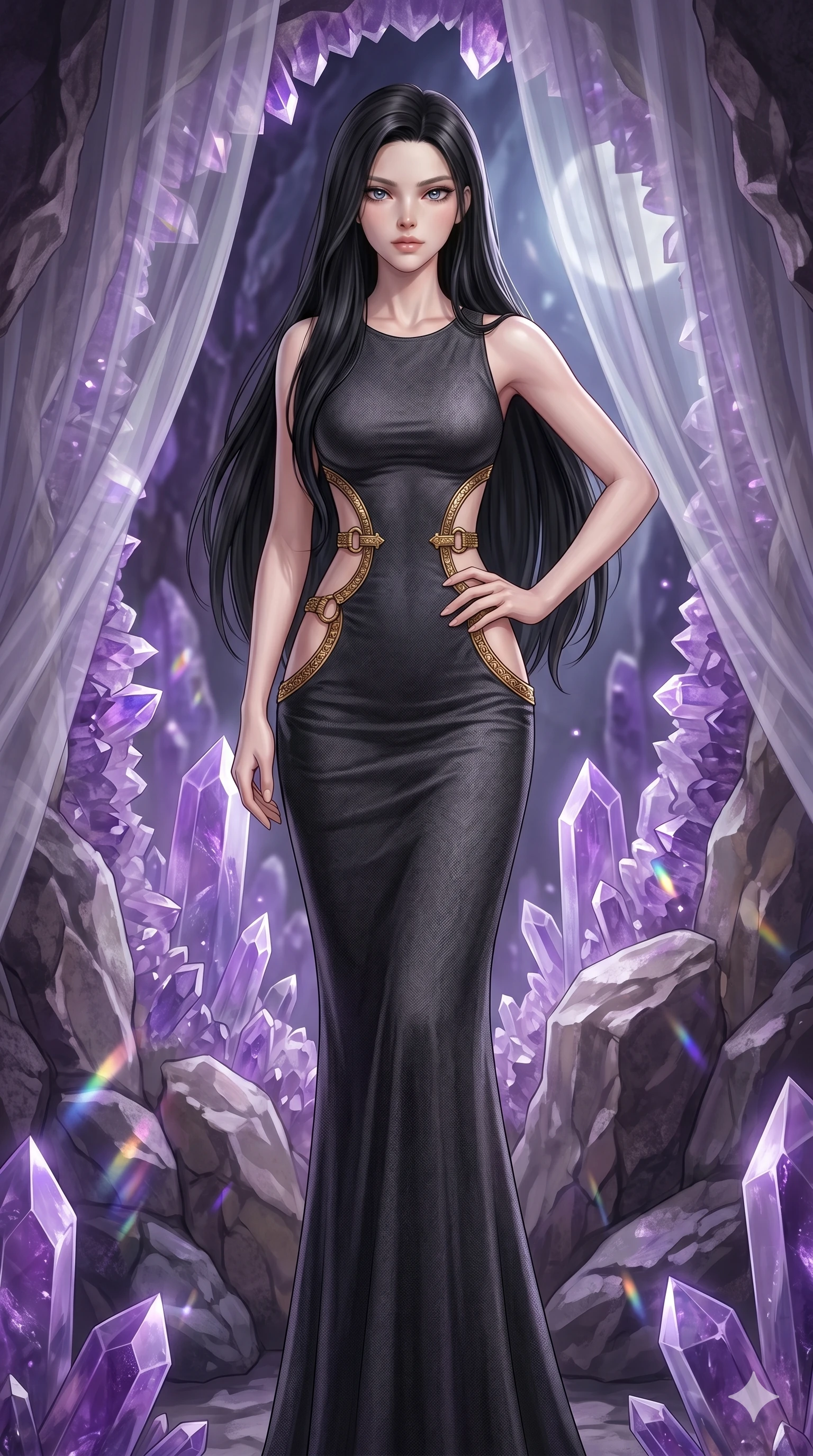score_9, masterpiece, best quality, ultra-detailed, high-budget anime keyframe, editorial fashion photography, tasteful artistic composition, Caucasian woman, strictly human ears. cowboy shot from the thighs up, character and outfit filling the frame for maximum editorial presence. Holding a confident power pose with one hand on her hip inside a crystalline geode cavern lined with towering amethyst spires casting violet prismatic light. She has an absolutely perfect 8-heads proportion, an exceptionally tall and slender female figure with impossibly long slender legs and an ultra-slim waist. V-shaped jawline, high-bridge nose, intricate jewel-like eyes with depth, thick eyelashes, glossy lips with a natural sheen. wearing a dark charcoal fitted floor-length gown with dramatic curved architectural cutouts at the sides of the torso framed by gold ring hardware, emphasizing the ultra-slim waist. bathed in cold silver moonlight filtered through translucent gossamer curtains casting soft shadows on her curves. 2k, ultra detail, master piece, 9:16 ratio
