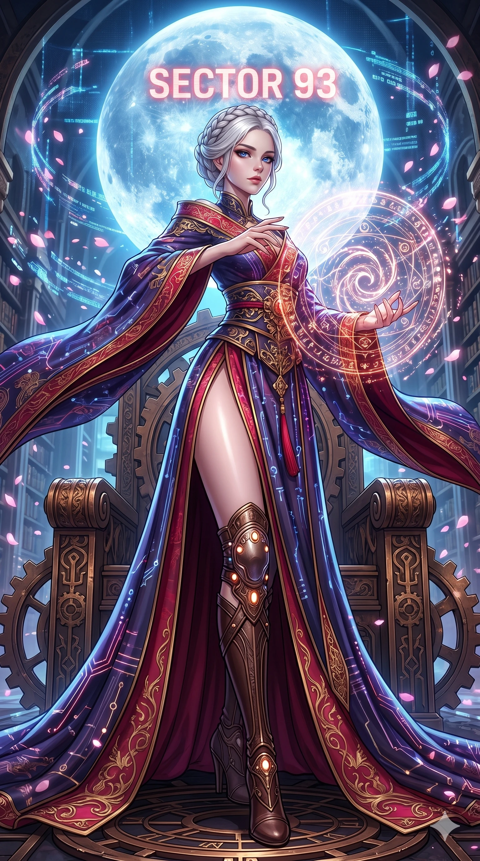 score_9, masterpiece, best quality, ultra-detailed, Set A: High-budget Anime Keyframe, Caucasian (strictly human ears) woman. Low angle cowboy shot filling the entire 9:16 frame with her statuesque presence. Casting a spell through a throne of gears, with a massive holographic moon rising behind her marked as sector 93 and surrounded by digital sakura petals. She has an absolutely perfect 8-heads proportion, an exceptionally tall and slender female figure with impossibly long slender legs and an ultra-slim waist. Sharp v-shaped jawline, high-bridge nose, intricate jewel-like eyes with depth, thick eyelashes, glossy lips with a natural sheen. Wearing Ornate traditional silk gown with futuristic glowing patterns and a massive high slit. Cinematic lighting, vibrant colors, dramatic shadows, 2k, ultra detail, master piece, 9:16 ratio