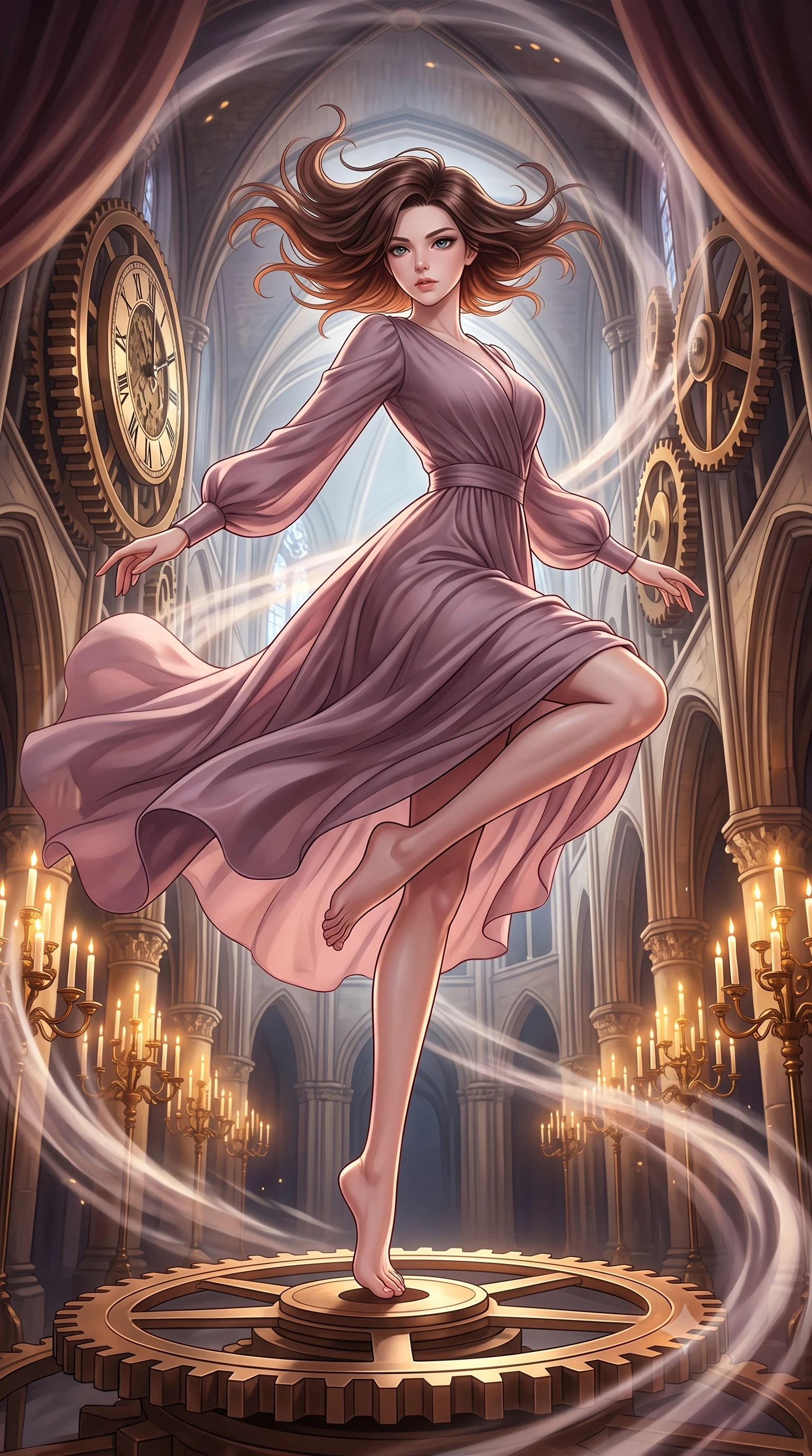 score_9, masterpiece, best quality, ultra-detailed, high-budget anime keyframe, editorial fashion photography, tasteful artistic composition, Korean woman woman. low angle full-body shot from head to toe showing her feet, filling the entire 9:16 vertical frame with her statuesque presence, stretching her vertical silhouette. She has an absolutely perfect, statuesque 8.5-heads proportion, an exceptionally tall and slender model-like female figure with impossibly long slender legs and an ultra-slim waist. leaping inside the glowing space with athletic poise, her hair swirling in a dynamic wind vortex, flawlessly proportioned anatomical accuracy, natural body alignment, perfectly sculpted elegant limbs, clean dynamic posture without body distortion. set against a soft-focus background of a high space cathedral nave with rotating bronze gears and velvet drapes. wearing a serene dusty mauve chiffon maxi dress with long bishop sleeves. bathed in dramatic chiaroscuro key light with flickering golden candlelight. highly saturated vibrant anime colors, detailed shading with soft gradients, rich glossy textures, high-contrast stereoscopic depth, volumetric dynamic lighting, master piece, 9:16 ratio
