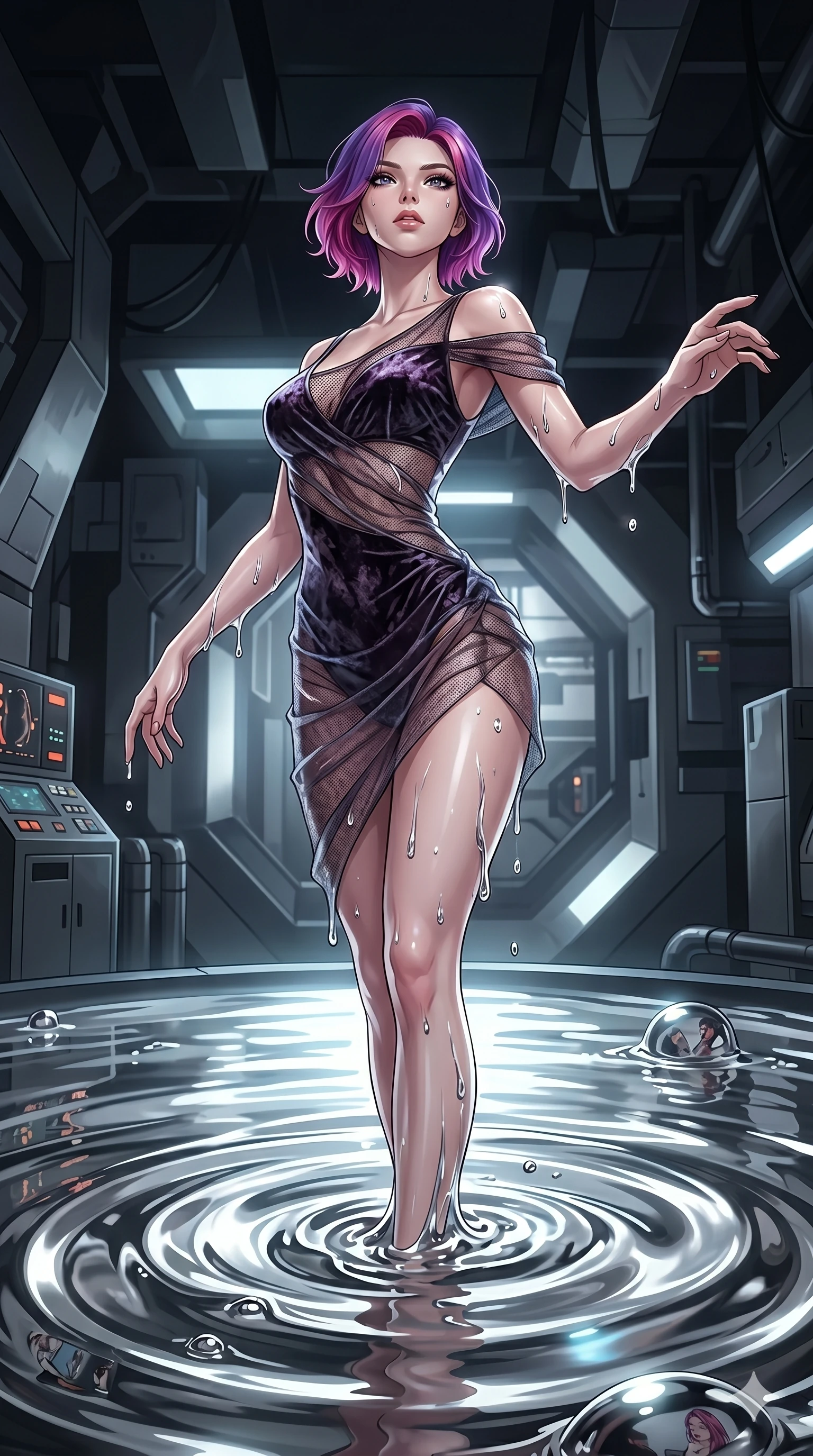 score_9, masterpiece, best quality, ultra-detailed, High-budget Anime Keyframe, East Asian woman. Dynamic full-body shot stretching the vertical silhouette to the limit. Scenario 124: Rising from a pool of mercury-like liquid, droplets rolling off her skin. Her presence is magnetic and overpowering in this high-budget anime scene. Outfit 124: A crushed dark velvet micro-mesh with a low-cut shoulder and translucent layers. The clothing is designed to emphasize her exceptionally tall and slender 8-heads proportion. 8-heads proportion, towering silhouette, ultra-slim waist. sharp v-shaped jawline, intricate jewel-like eyes with depth, thick eyelashes, glossy lips. 2k, ultra detail, master piece, 9:16 ratio