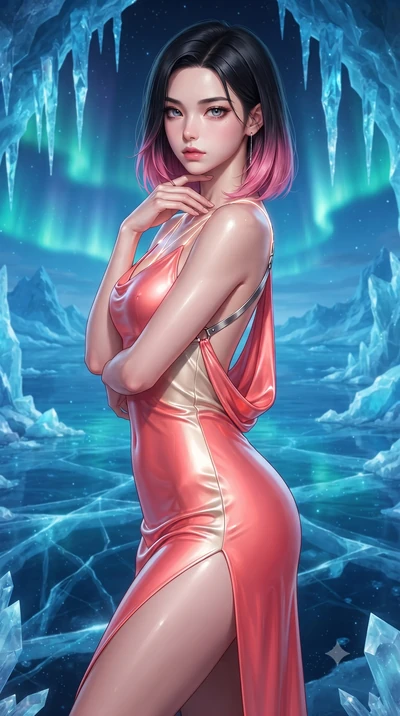score_9, masterpiece, best quality, ultra-detailed, high-budget anime keyframe, editorial fashion photography, tasteful artistic composition, Korean woman. close-up cowboy shot from the waist and thighs up, the character dominates the composition, fi