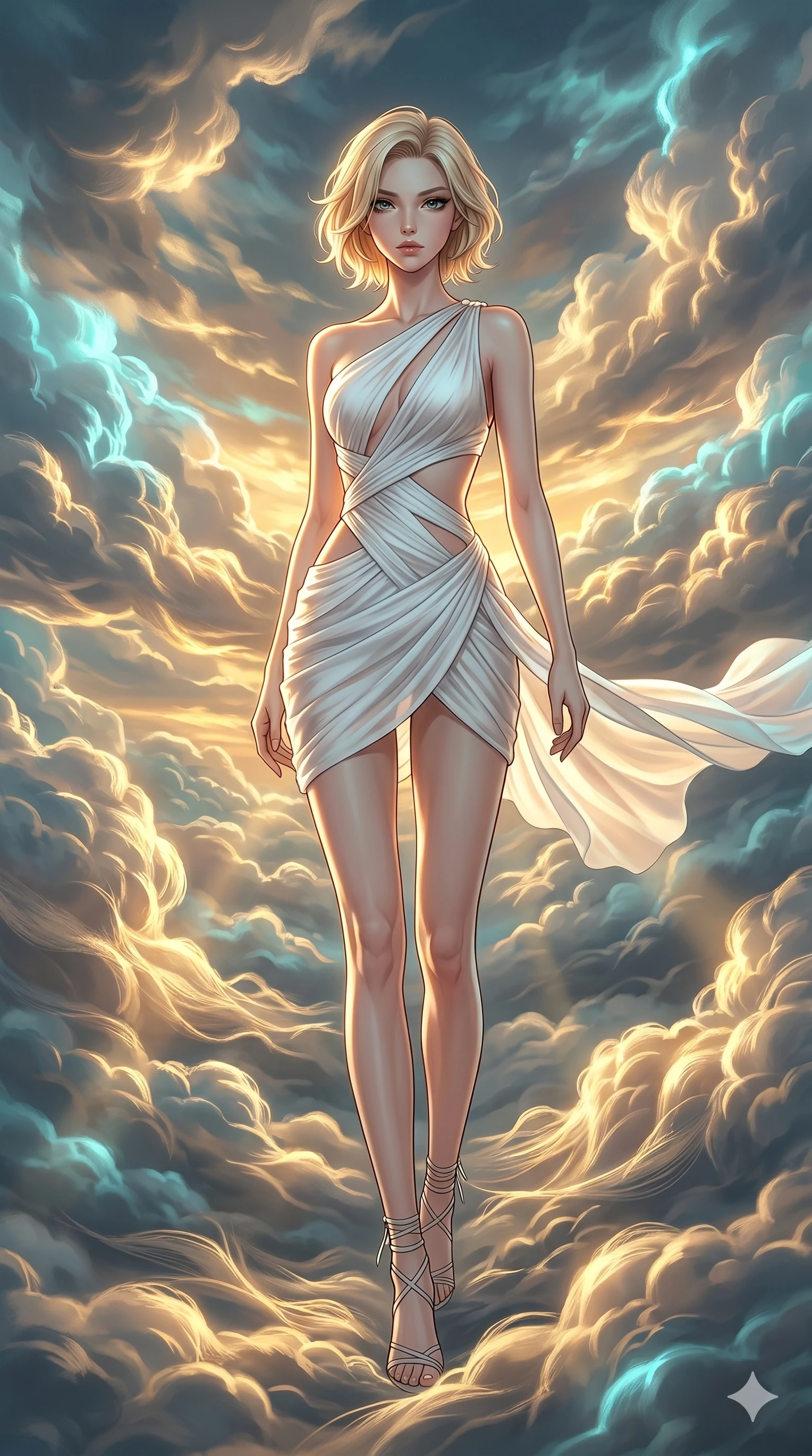score_9, masterpiece, best quality, ultra-detailed, high-budget anime keyframe, Japanese woman. low angle full-body shot filling the entire 9:16 frame with her statuesque presence, stretching the vertical silhouette. threading through a volumetric cloud weave where storm clouds are spun like silk thread under a dramatic sunset glow. She has an absolutely perfect 8-heads proportion, an exceptionally tall and slender female figure with impossibly long slender legs and an ultra-slim waist. V-shaped jawline, high-bridge nose, intricate jewel-like eyes with depth, thick eyelashes, glossy lips with a natural sheen.. wearing an asymmetric chiffon draped couture mini dress, featuring draped white chiffon fabric twisting around her body with elegant diamond cutouts on the waist. showcasing a beautiful play of light and shadow, with warm golden rays clashing against cool cyan highlights. 2k, ultra detail, master piece, 9:16 ratio