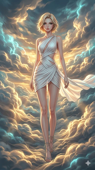 score_9, masterpiece, best quality, ultra-detailed, high-budget anime keyframe, Japanese woman. low angle full-body shot filling the entire 9:16 frame with her statuesque presence, stretching the vertical silhouette. threading through a volumetric cl