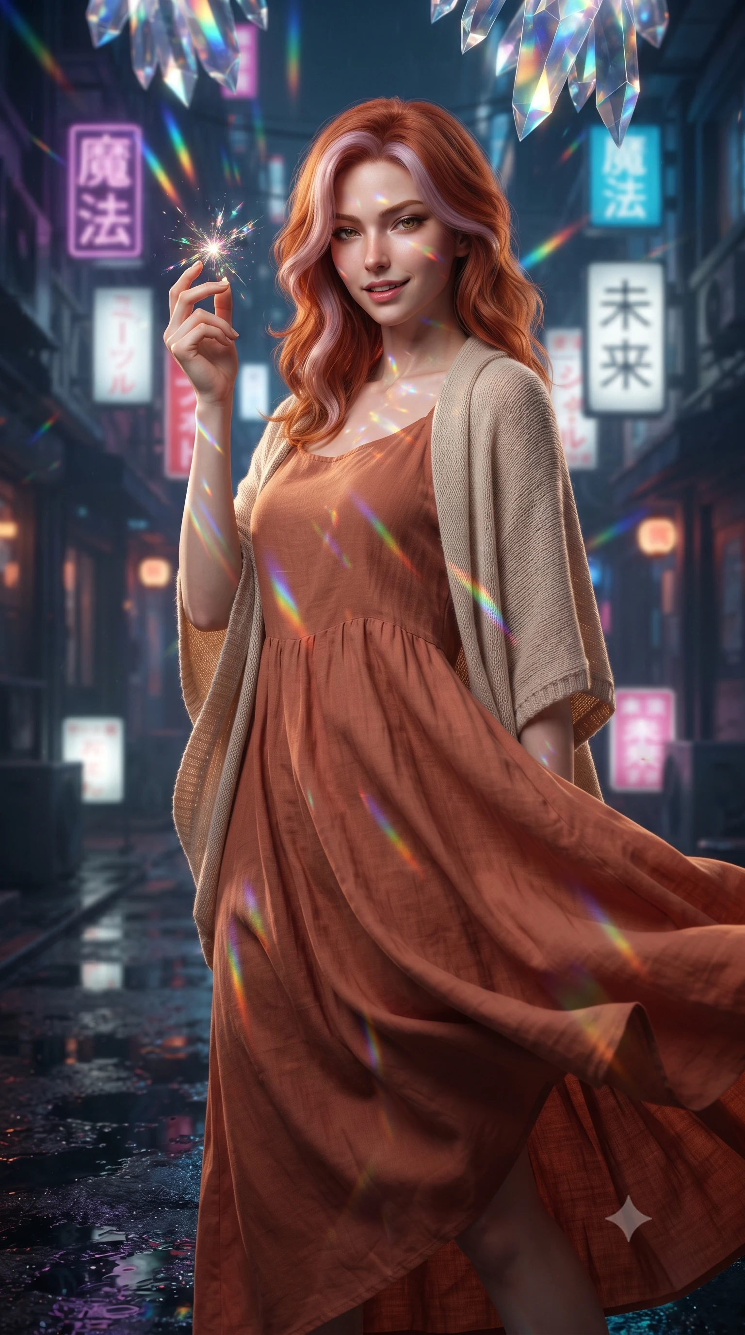 score_9, masterpiece, best quality, ultra-detailed, high-budget anime keyframe, editorial fashion photography, tasteful artistic composition, realistic cosplay photography, Caucasian woman, strictly human ears. close-up cowboy shot from the waist and thighs up, the character dominates the composition, filling the frame with her large presence, background elements kept in soft focus. Snapping a finger to ignite a spark of magic, lips parted in a self-assured smirk. set against a soft-focus background of a narrow futuristic backstreet during heavy rain, neon signs in Japanese letters reflecting in pools of oily water. She has an exceptionally elegant and slender, willowy female figure with an ultra-slim waist, a gracefully sculpted slender torso, and a refined slim physique. sharp v-shaped jawline, high-bridge nose, intricate jewel-like eyes with depth, thick eyelashes, glossy lips with a natural sheen. wearing the lightweight fabric rippling and billowing dramatically with her movement, a form-contouring flowing terracotta-colored linen maxi dress with a relaxed fit, layered with a light beige knitted shawl. cascading rainbow prismatic light refracting through crystal formations overhead. ultra-reflective glossy finish, specular highlights, metallic sheen, high-contrast stereoscopic depth, volumetric dynamic lighting, 2k, ultra detail, master piece, 9:16 ratio