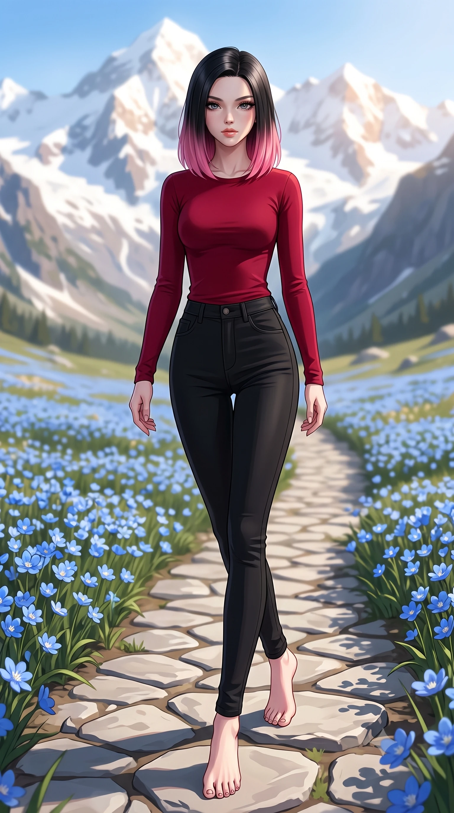 score_9, masterpiece, best quality, ultra-detailed, high-budget anime keyframe, editorial fashion photography, tasteful artistic composition, Korean woman woman. low angle full-body shot from head to toe showing her feet, filling the entire 9:16 vertical frame with her statuesque presence, stretching her vertical silhouette. stepping gracefully across a stone path in the garden the background shows a soft-focus a dirt path through a valley of rare blue flowers under towering snow peaks. She has an absolutely perfect, statuesque 8.5-heads proportion, an exceptionally tall and slender model-like female figure with impossibly long slender legs and an ultra-slim waist. sharp v-shaped jawline, high-bridge nose, intricate jewel-like eyes with depth, thick eyelashes, glossy lips with a natural sheen. wearing a slim-fit tight-fitting long-sleeve tee in crimson red, tucked into high-waisted black skinny pants. bright morning alpine sun highlighting the white snow and blue flowers. 2k, ultra detail, master piece, 9:16 ratio