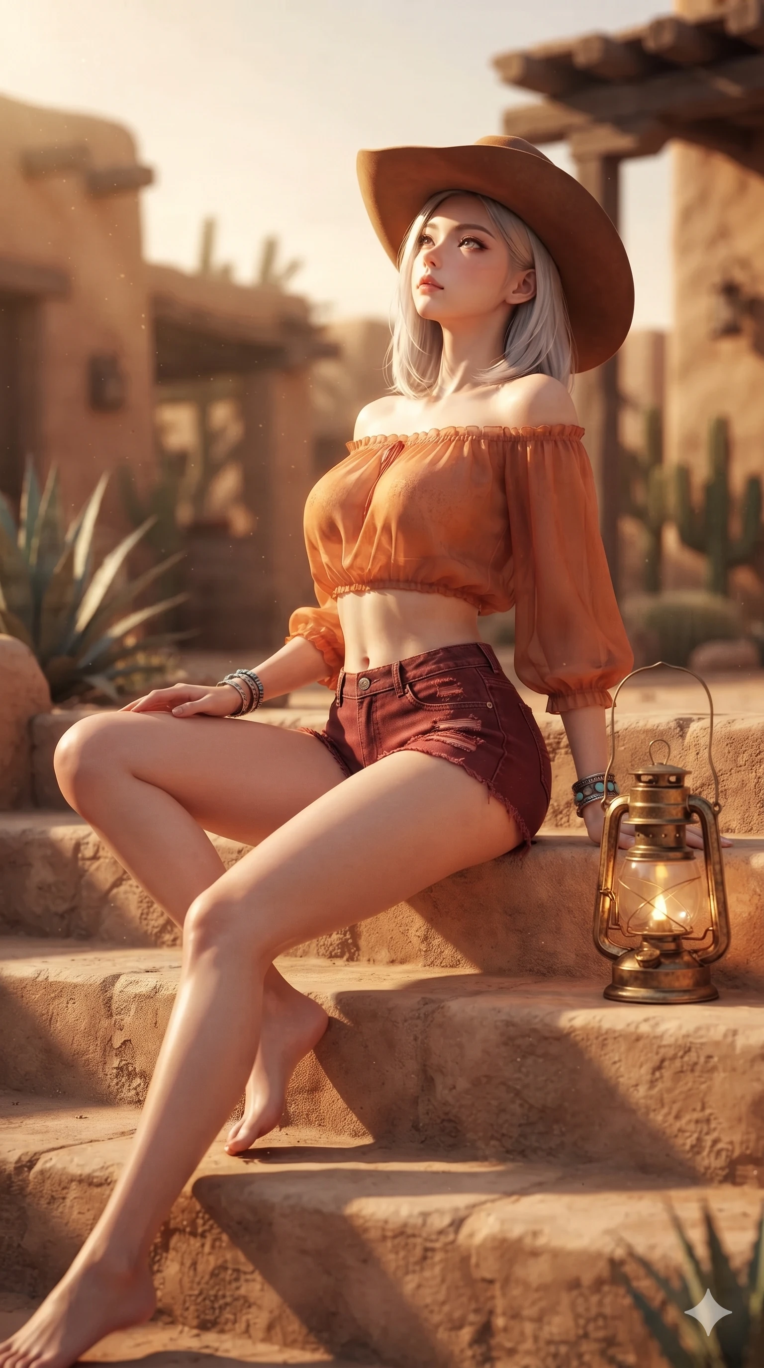 score_9, masterpiece, best quality, ultra-detailed, high-budget anime keyframe, editorial fashion photography, tasteful artistic composition, Korean woman. low angle full-body shot from head to toe showing her feet, filling the entire 9:16 vertical frame with her statuesque presence, stretching her vertical silhouette. sitting poised on the warm sandstone steps with one knee bent, arching her spine with supermodel elegance as she glances upward through thick eyelashes while twisting her slender torso in an alluring S-curve beside an antique brass kerosene lantern, flickering golden light tracing her narrow waist and curvy hips. The background shows a soft-focus vintage desert outpost atmosphere softened in canvas veranda shallow focus. She has an absolutely perfect, statuesque 8.5-heads proportion, an exceptionally tall and slender model-like female figure with impossibly long slender legs, an ultra-slim waist, a flat toned midriff, narrow delicate ribcage, and beautifully sculpted feminine hips creating a graceful, slim hourglass silhouette without any bulky heaviness. sharp v-shaped jawline, high-bridge nose, sparkling eyes with hypnotic seductive depth, thick curled eyelashes, glossy parted lips with a natural dewy peach sheen, alluring bedroom-eyes with an enchanting coquettish smile, exuding magnetic siren charisma and sophisticated glamour, flawlessly proportioned anatomical accuracy, strict slender model proportions, natural body alignment, perfectly sculpted long slender limbs, ultra-slim waistline, clean dynamic posture without body distortion. wearing an off-the-shoulder sheer peasant crop blouse with elastic ruched neckline paired with tight distressed cutoff shorts in blazing desert sunset orange and deep canyon crimson, featuring strategic sheer-illusion micro-mesh cutouts along her ribcage and hip flanks, finished with a wide-brimmed felt cowboy hat tipped back to frame her face and long glossy hair, the form-contouring material adhering flawlessly to her sculpted flat midriff and slender torso, emphasizing her long leg lines and perfectly proportioned willowy build. illuminated by timber deck bounce and sharp amber-bronze rim lights defining her razor-sharp jawline, narrow waist, and curvy hips. ultra-reflective glossy finish, specular highlights, rich textural contrasts, high-contrast stereoscopic depth, volumetric dynamic lighting, 2k, ultra detail, master piece, 9:16 ratio