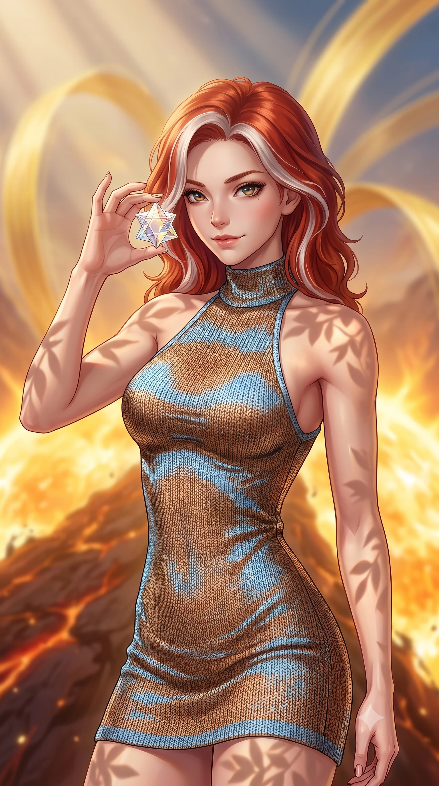 score_9, masterpiece, best quality, ultra-detailed, high-budget anime keyframe, editorial fashion photography, tasteful artistic composition, Caucasian woman, strictly human ears. close-up cowboy shot from the waist and thighs up, the character dominates the composition, filling the frame with her large presence, background elements kept in soft focus. Holding a delicate object up near her face while gazing at the viewer with a knowing smile. set against a soft-focus background of a bridge made of solidified solar plasma stretching across the blazing corona of the sun with heat shimmer distorting the view and enormous magnetic field lines arcing overhead like golden ribbons. She has an exceptionally elegant and slender, willowy female figure with an ultra-slim waist, a gracefully sculpted slender torso, and a refined slim physique. sharp v-shaped jawline, high-bridge nose, intricate jewel-like eyes with depth, thick eyelashes, glossy lips with a natural sheen. wearing a high-neck racer-back fitted dress in a metallic bronze and sky blue knit, highlighting her athletic shoulders and slender torso. warm golden afternoon sunbeams casting soft organic leaf shadows across her skin. 2k, ultra detail, master piece, 9:16 ratio