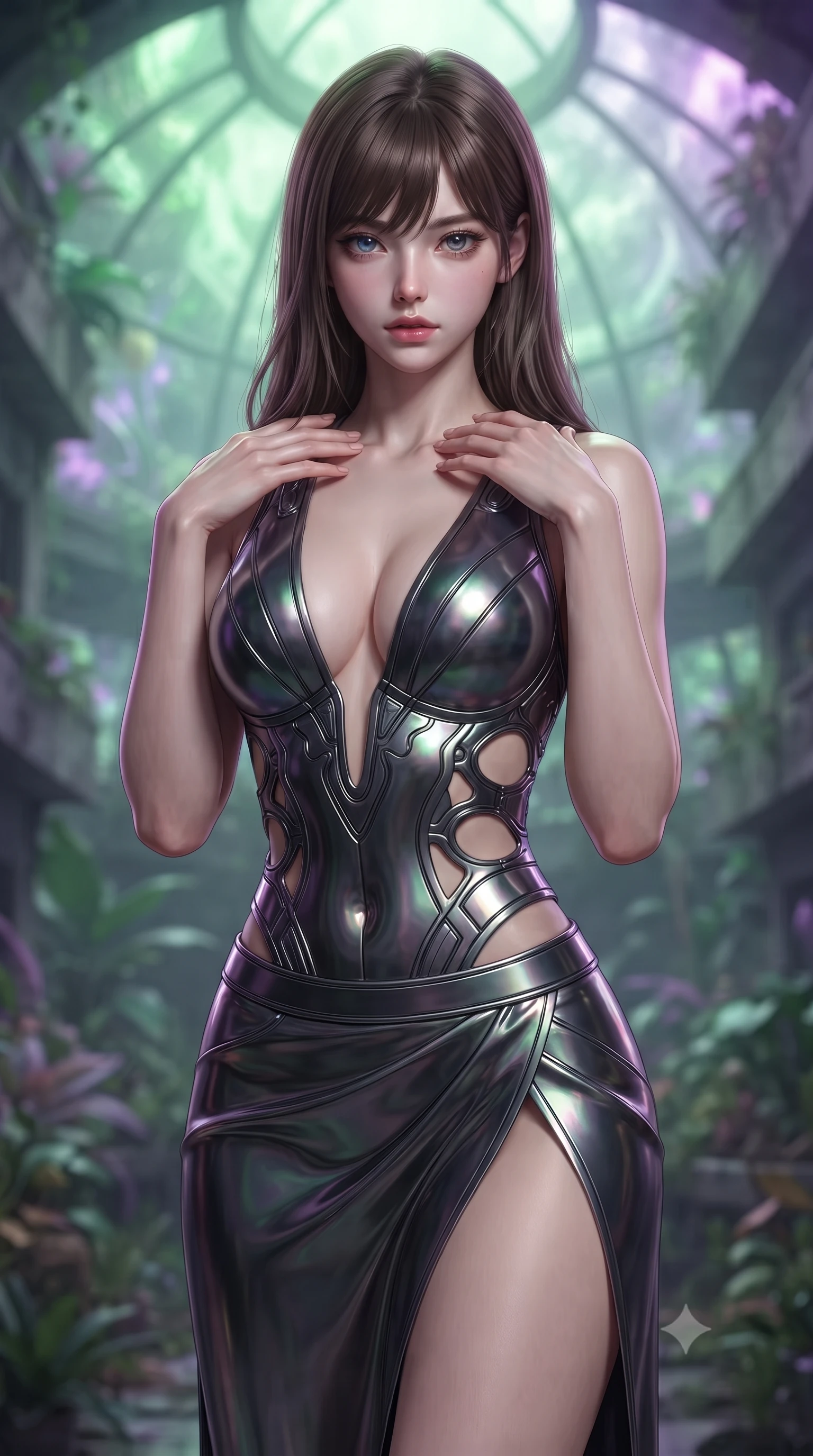 score_9, masterpiece, best quality, ultra-detailed, high-budget anime keyframe, editorial fashion photography, tasteful artistic composition, Korean woman. close-up cowboy shot from the waist and thighs up, the character dominates the composition, filling the frame with her large presence, background elements kept in soft focus. standing in a relaxed, elegant posture with both hands resting lightly on her collarbone, looking at the viewer with bedroom-eyes, the background shows a soft-focus a cybernetic greenhouse dome hidden between concrete tenements. She has an exceptionally elegant, slender, and willowy female figure with an ultra-slim waist, a gracefully sculpted slender torso, and a refined silhouette. sharp v-shaped jawline, high-bridge nose, intricate jewel-like eyes with depth, thick eyelashes, glossy lips with a natural sheen. wearing a body-hugging deep plunging-V neck bodycon armor top, featuring keyhole cutouts along the ribs and a thigh-slit wrap skirt. soft green and purple bioluminescent plant glow casting an organic, eerie wash. ultra-reflective glossy finish, specular highlights, metallic sheen, high-contrast stereoscopic depth, volumetric dynamic lighting, 2k, ultra detail, master piece, 9:16 ratio