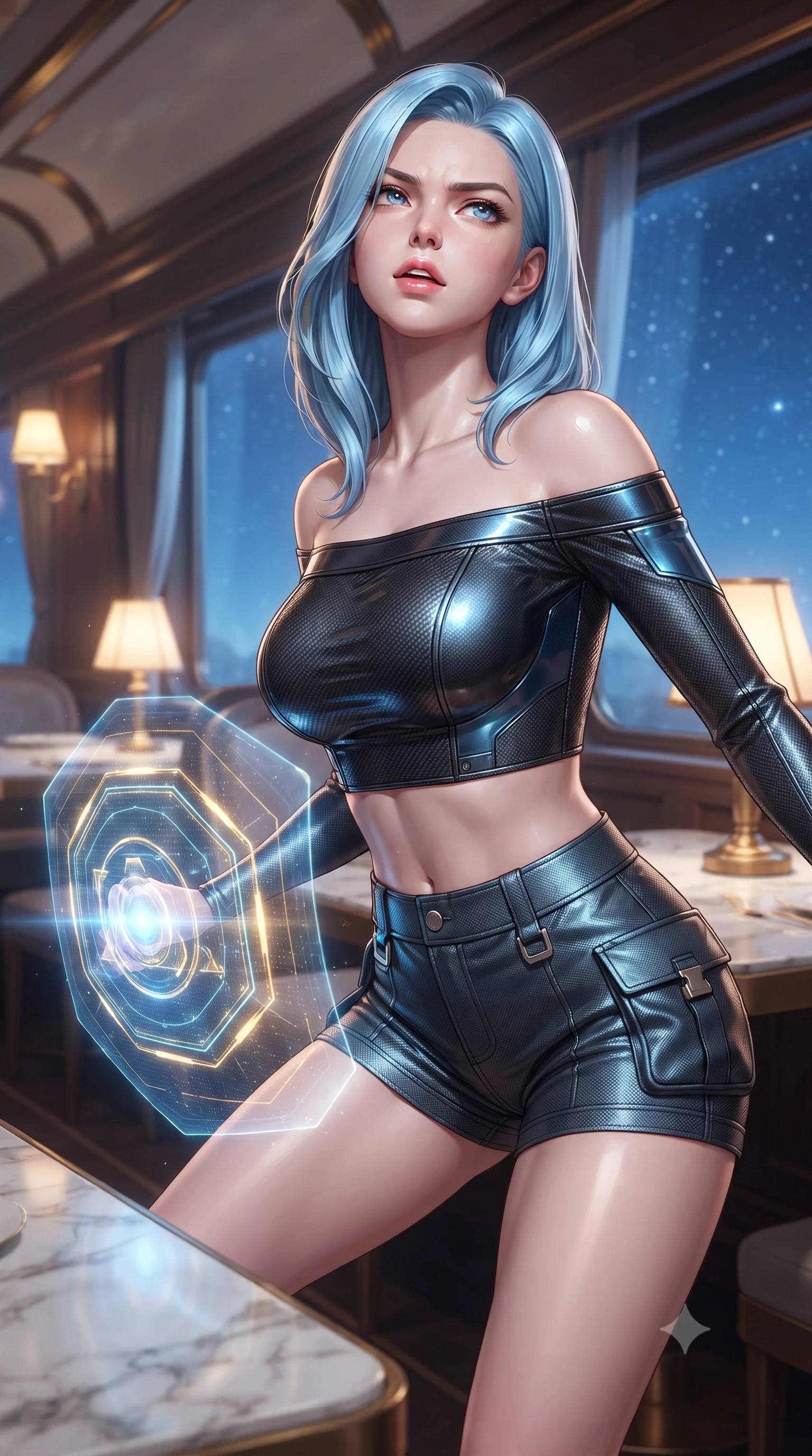 score_9, masterpiece, best quality, ultra-detailed, high-budget anime keyframe, editorial fashion photography, tasteful artistic composition, Korean woman. close-up cowboy shot from the waist and thighs up, the character dominates the composition, filling the frame with her large presence, background elements kept in soft focus. crouching slightly behind a glowing holographic shield emitter, looking up with defiance and lips slightly parted, the background shows a soft-focus a train dining car with marble tables, brass lamps, and large windows. She has an exceptionally elegant, slender, and willowy female figure with an ultra-slim waist, a gracefully sculpted slender torso, and a refined silhouette. sharp v-shaped jawline, high-bridge nose, intricate jewel-like eyes with depth, thick eyelashes, glossy lips with a natural sheen. wearing a body-hugging chic off-shoulder carbon-plate crop top, paired with high-waisted utility micro-shorts. warm glowing table lamps contrasting with cool blue starlight outside. ultra-reflective glossy finish, specular highlights, metallic sheen, high-contrast stereoscopic depth, volumetric dynamic lighting, 2k, ultra detail, master piece, 9:16 ratio