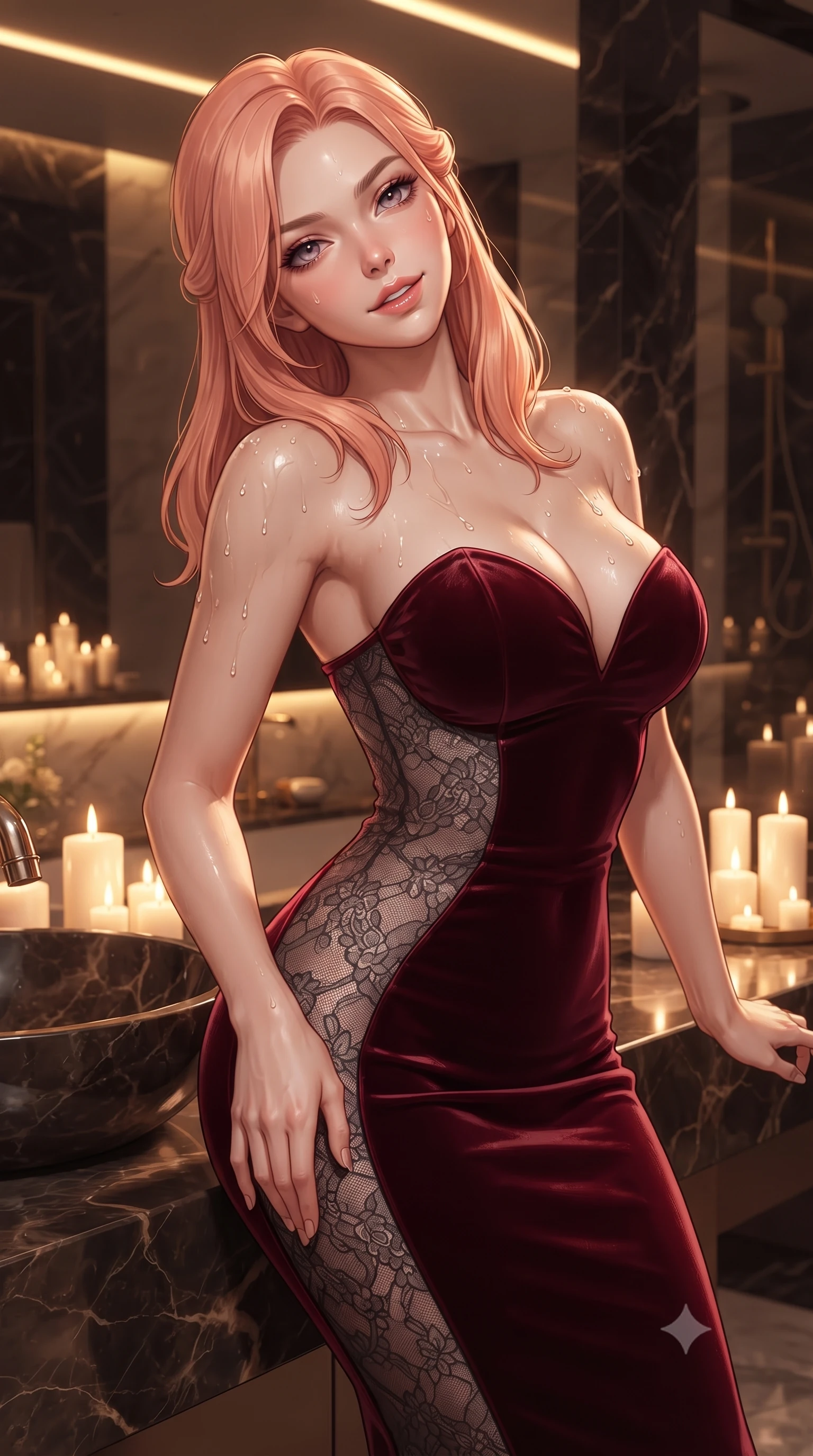 score_9, masterpiece, best quality, ultra-detailed, high-budget anime keyframe, editorial fashion photography, tasteful artistic composition, Japanese woman. close-up cowboy shot from the waist and thighs up, the character dominates the composition, filling the frame with her large presence. tilting her head with a teasing half-smile, running one hand slowly down the side of her hip in a flirtatious S-curve as warm candlelight caresses her silhouette while leaning back against the warm black marble basin with hips cocked back, looking into the lens through thick curled eyelashes with an alluring, parted-lip smile. The surrounding environment is rendered in vivid detail and crisp panoramic clarity: detailed fabric weave adhering to curves, glistening dewy skin sheen, and private villa architecture in razor-sharp resolution. She has an exceptionally elegant, slender, and willowy female figure with an ultra-slim waist, flat toned midriff, narrow ribcage, and sculpted feminine hips creating an alluring, slim hourglass silhouette without bulk. sharp v-shaped jawline, high-bridge nose, sparkling eyes with hypnotic seductive depth, thick curled eyelashes, glossy parted lips with a natural dewy peach sheen, alluring bedroom-eyes with an enchanting coquettish smile, exuding magnetic siren charisma and sophisticated high-fashion glamour, flawlessly proportioned anatomical accuracy, strict slender model proportions, natural body alignment, perfectly sculpted long slender limbs, ultra-slim waistline, clean dynamic posture without body distortion. wearing a deep sweetheart-neckline velvet bodycon dress with sheer side-torso cutouts accentuating her hourglass curves in rich cherry lacquer and smoky charcoal, made of delicate semi-sheer French Chantilly lace with intricate eyelash edges, finished with glistening drops of pool water beading across her sculpted shoulders and collarbones, the second-skin tailored fabric adhering flawlessly to her sculpted flat midriff and slender torso, emphasizing her long leg lines and perfectly proportioned willowy build. bathed in the flickering warmth of dozens of luxury candles and hidden golden LED cove strips. ultra-reflective glossy finish, specular highlights, rich textural contrasts, high-contrast stereoscopic depth, volumetric dynamic lighting, 2k, ultra detail, master piece, 9:16 ratio