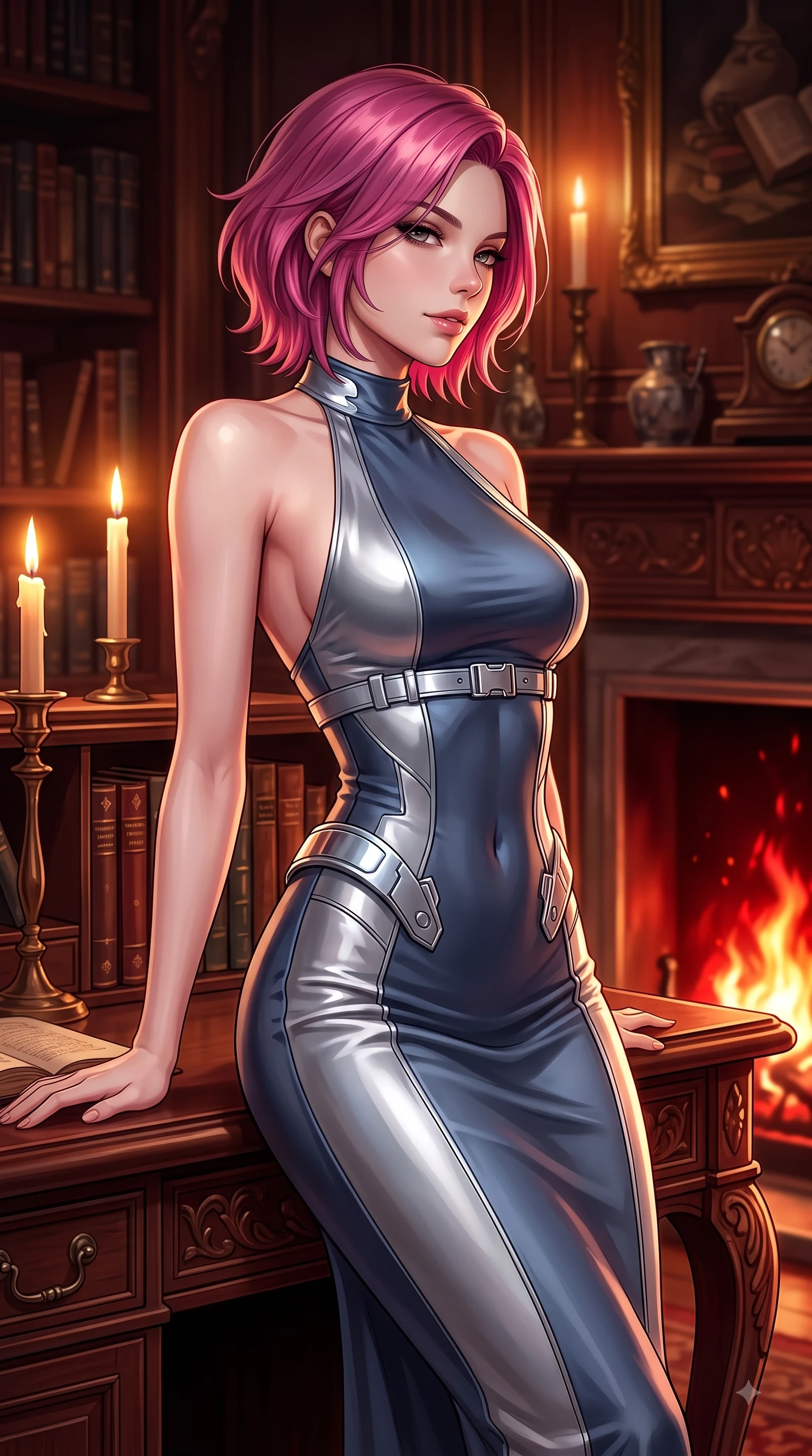 score_9, masterpiece, best quality, ultra-detailed, high-budget anime keyframe, editorial fashion photography, tasteful artistic composition, Caucasian woman. close-up cowboy shot from the waist and thighs up, the character dominates the composition, filling the frame with her large presence, background elements kept in soft focus. Casting a seductive sidelong gaze over her bare shoulder with heavy lashes and a composed half-smile while leaning back against a carved mahogany reading desk in an antique library lit by warm candlelight, warm hearth flames casting deep crimson and amber chiaroscuro lighting on her form. She has an exceptionally elegant, slender, and willowy female figure with an ultra-slim waist, a gracefully sculpted slender torso, and a refined silhouette. sharp v-shaped jawline, high-bridge nose, intricate jewel-like eyes with depth, thick eyelashes, glossy lips with a natural sheen, flawlessly proportioned anatomical accuracy, natural body alignment, perfectly sculpted elegant limbs, clean dynamic posture without body distortion. wearing a velvet halter-neck midi dress following her form like a glove in slate blue and metallic silver, crafted from smooth liquid silk, detailed with polished silver buckles along the waistline, the sleek second-skin texture accentuating her magnetic presence. surrounded by an opulent, intimate library aura with deep warm gradients. highly saturated vibrant anime colors, detailed shading with soft gradients, rich glossy textures, high-contrast stereoscopic depth, volumetric dynamic lighting, master piece, 9:16 ratio