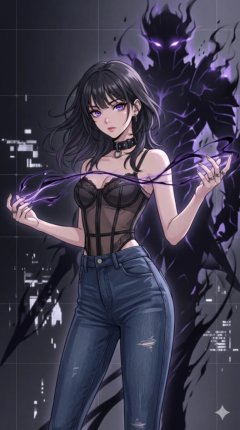 score_9, masterpiece, best quality, ultra-detailed, High-budget Anime Keyframe, beautiful Japanese anime girl. Upper body close-up from the thighs up, character filling the screen for maximum presence. Manipulating ethereal shadow strings that manifest her own shadow into a towering giant warrior behind her. She has an absolutely perfect 8-heads proportion, an exceptionally tall and slender female figure with impossibly long slender legs and an ultra-slim waist. Sharp v-shaped jawline, high-bridge nose, intricate jewel-like eyes with depth, thick eyelashes, glossy lips with a natural sheen. Wearing an Urban Trendsetter outfit: sheer corset with high-waist denim and a leather choker. Background is a minimalist digital void with flickering shadow projections and monochrome light. 2k, ultra detail, master piece, 9:16 ratio