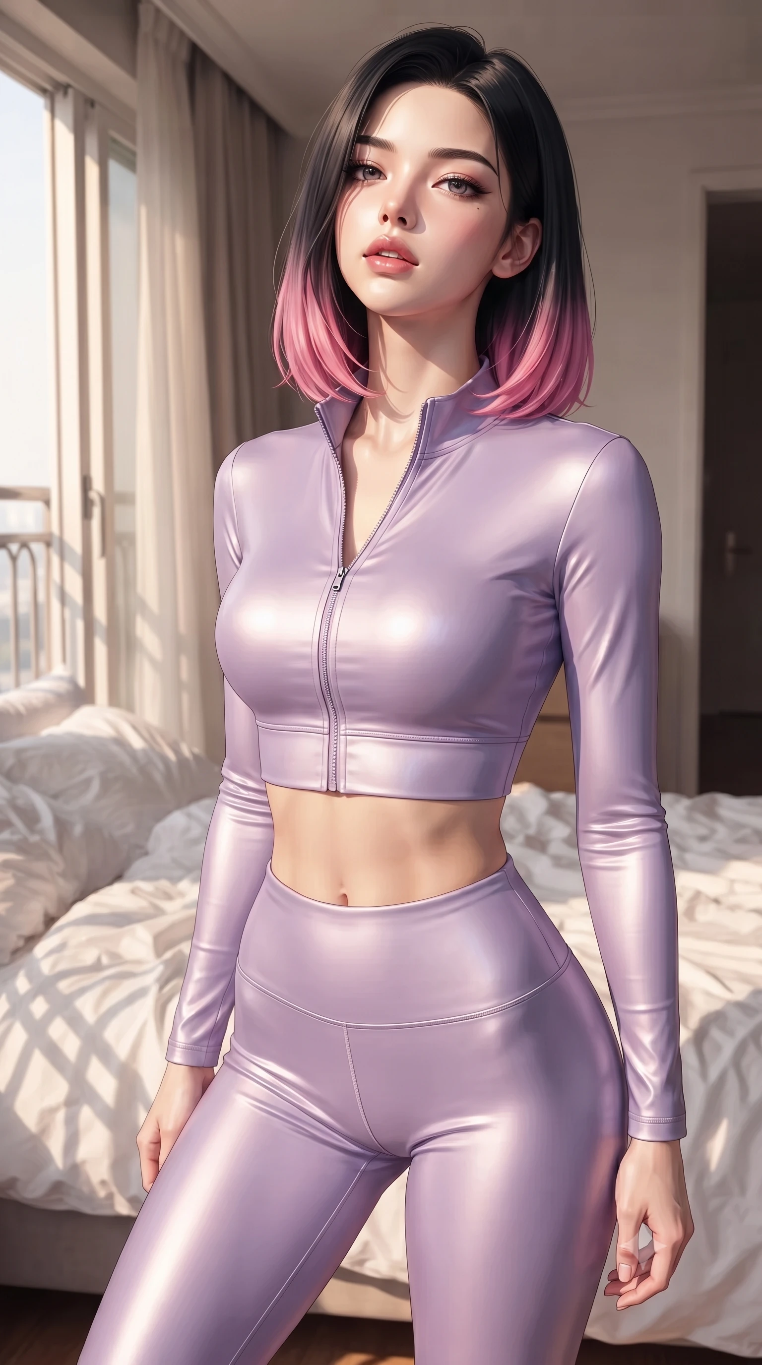 score_9, masterpiece, best quality, ultra-detailed, high-budget anime keyframe, editorial fashion photography, tasteful artistic composition, Korean woman woman. close-up cowboy shot from the waist and thighs up, the character dominates the composition, filling the frame with her large presence, background elements kept in soft focus. tilting her chin up slightly with lips parted in a composed, provocative expression the background shows a soft-focus a soft bed layered in messy white linen sheets, next to a large open window with sheer curtains. She has an exceptionally elegant, slender, and willowy female figure with an ultra-slim waist, a gracefully sculpted slender torso, and a refined silhouette. sharp v-shaped jawline, high-bridge nose, intricate jewel-like eyes with depth, thick eyelashes, glossy lips with a natural sheen. wearing a form-contouring body-hugging activewear set of a tailored zip-up long-sleeve crop top and matching high-waisted leggings in soft lavender. warm golden morning sunbeams casting soft organic shadows of the balcony railing. ultra-reflective glossy finish, specular highlights, metallic sheen, high-contrast stereoscopic depth, volumetric dynamic lighting, 2k, ultra detail, master piece, 9:16 ratio