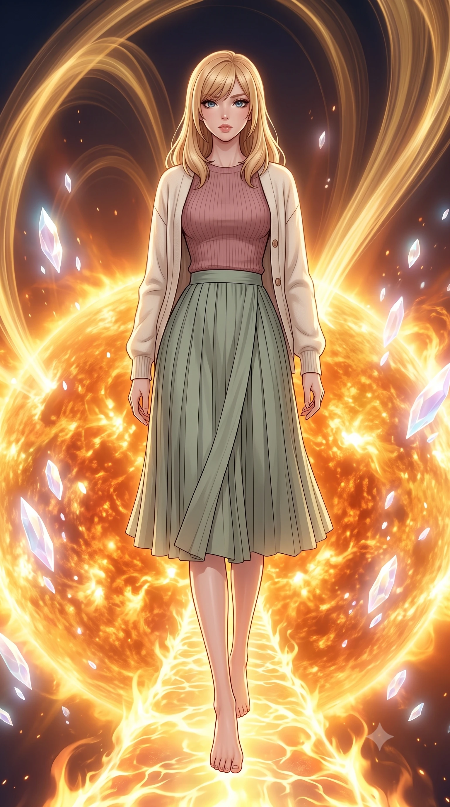 score_9, masterpiece, best quality, ultra-detailed, high-budget anime keyframe, editorial fashion photography, tasteful artistic composition, Caucasian woman, strictly human ears. low angle full-body shot from head to toe showing her feet, filling the entire 9:16 vertical frame with her statuesque presence, stretching her vertical silhouette. stepping elegantly through a bridge made of solidified solar plasma stretching across the blazing corona of the sun with heat shimmer distorting the view and enormous magnetic field lines arcing overhead like golden ribbons. She has a statuesque 8.5-heads proportion, an exceptionally tall, slender and willowy model-like build with impossibly long legs and a highly sculpted ultra-slim waist. sharp v-shaped jawline, high-bridge nose, intricate jewel-like eyes with depth, thick eyelashes, glossy lips with a natural sheen. wearing a dusty rose ribbed knit top layered under a cream wool cardigan, paired with a sage green pleated wrap midi skirt. ethereal pearlescent light emanating from floating crystalline formations all around. 2k, ultra detail, master piece, 9:16 ratio