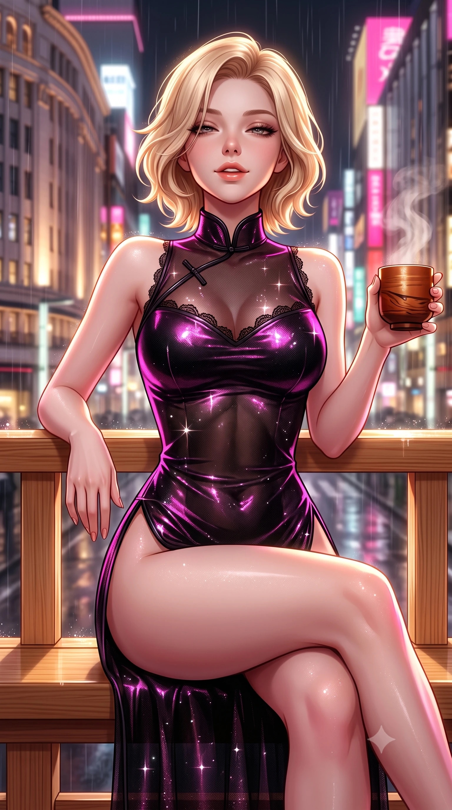 score_9, masterpiece, best quality, ultra-detailed, high-budget anime keyframe, semi-realistic 3D game render, editorial fashion photography, tasteful artistic composition, Caucasian woman. close-up cowboy shot from the waist and thighs up, the character dominates the composition, filling the frame with her large presence. leaning back against the balustrade with relaxed seductive grace, head tilted back slightly while casting a hypnotic, heavy-lidded gaze while sitting perched on the wide hinoki wood rim with legs crossed, holding a lacquered wooden sake cup with an enchanting, parted-lip smile. The background shows a soft-focus rain-slicked Ginza high-rise neon signs, towering luxury department store facades, and rising aromatic wood steam blurred into neon-pink, gold, and charcoal bokeh. She has an exceptionally elegant, slender, and willowy female figure with an ultra-slim waist, flat toned midriff, narrow ribcage, and sculpted feminine hips creating an alluring, slim hourglass silhouette without bulk. sharp v-shaped jawline, high-bridge nose, sparkling eyes with hypnotic seductive depth, thick curled eyelashes, glossy parted lips with a natural dewy peach sheen, alluring bedroom-eyes with an enchanting coquettish smile, exuding magnetic siren charisma and sophisticated glamour, flawlessly proportioned anatomical accuracy, strict slender model proportions, natural body alignment, perfectly sculpted long slender limbs, ultra-slim waistline, clean dynamic posture without body distortion. wearing a modern cheongsam-inspired sheer mesh dress with high mandarin collar and daring hip-high double side slits in wet-look onyx black with electric magenta reflections, woven from stretch metallic lurex jersey casting radiant starlight glints across her silhouette, finished with scalloped eyelash lace trim framing her sweetheart neckline with intimate elegance, the glove-like clinging cut tightly following the natural contour of her hips and long slender legs with youthful 8.5-heads elegance. illuminated by wet glass reflections and sharp champagne-gold rim lights defining her delicate clavicles, ultra-slim waist, and curvy hips. highly saturated vibrant anime colors, detailed shading with soft gradients, rich glossy textures, high-contrast stereoscopic depth, volumetric dynamic lighting, master piece, 9:16 ratio
