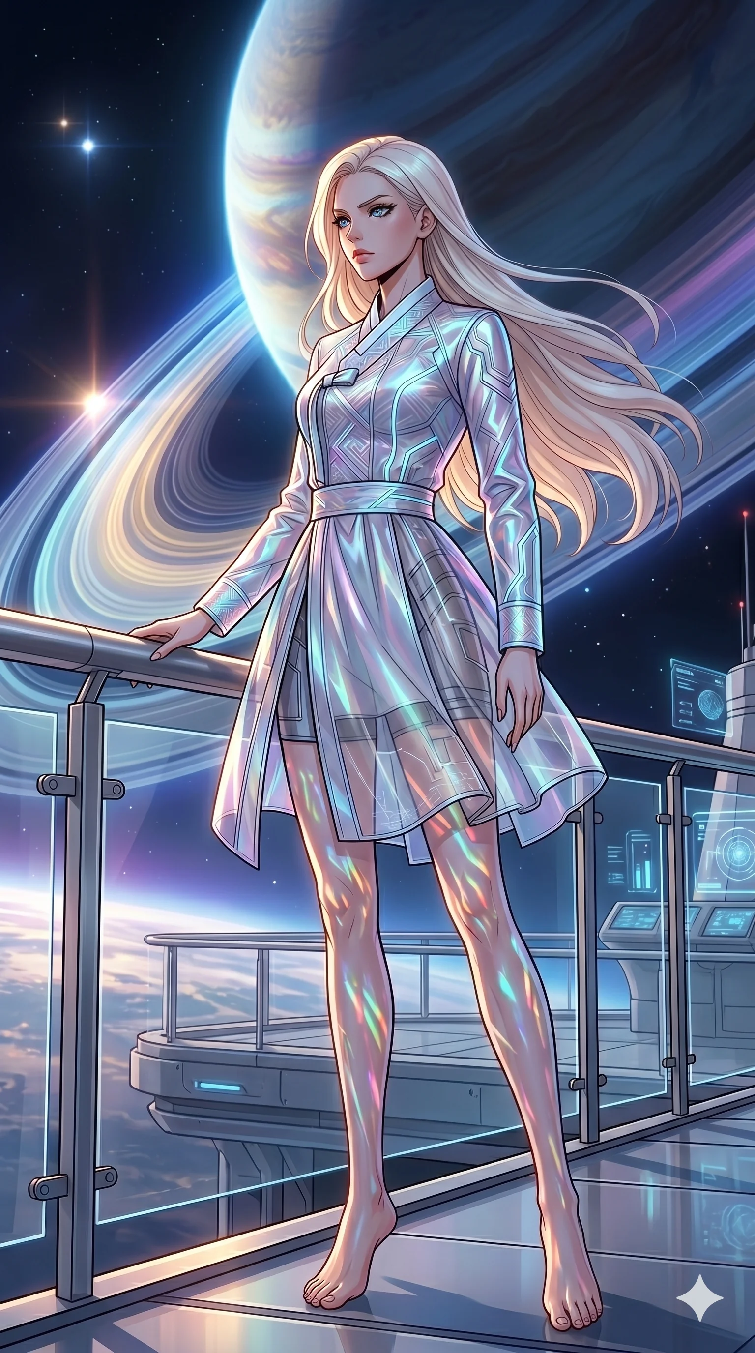 score_9, masterpiece, best quality, ultra-detailed, high-budget anime movie keyframe, cinematic anime lighting, intricate line art, Caucasian (strictly human ears) woman. Low angle cowboy shot capturing a powerful motion and statuesque presence. surveying a planetary ring from a research station balcony. She has an absolutely perfect 8-heads proportion, an exceptionally tall and slender female figure with an ultra-slim waist and impossibly long slender legs. strictly human anatomy, two legs only, no extra limbs, clearly defined legs and arms, perfect anatomy, perfect hands and fingers. sharp v-shaped jawline, high-bridge nose, intricate jewel-like eyes, thick eyelashes, glossy lips. Wearing Modern Traditional: Shortened cyber-hanbok with fusion silk robes and transparent panels. The scene is illuminated by dramatic atmospheric lighting and vibrant color palettes. , 2k, ultra detail, master piece, 9:16 ratio