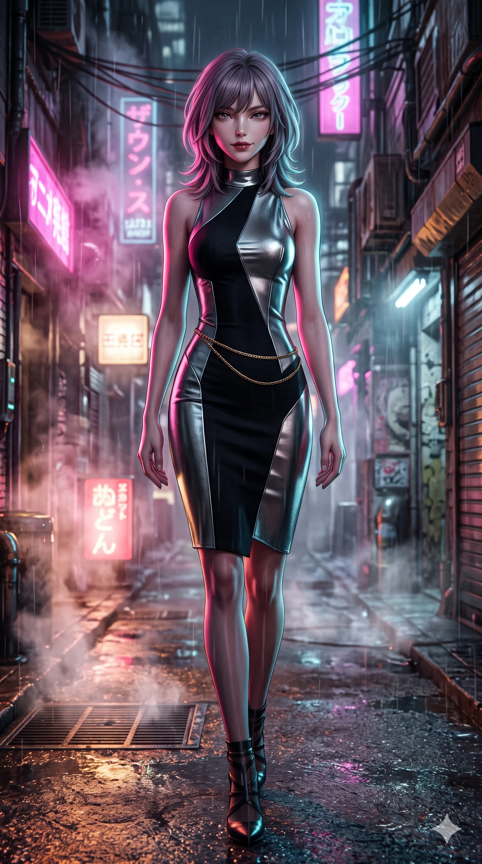 score_9, masterpiece, best quality, ultra-detailed, high-budget anime keyframe, semi-realistic 3D game render, editorial fashion photography, tasteful artistic composition, Japanese woman. low angle full-body shot from head to toe showing her feet, filling the entire 9:16 vertical frame with her statuesque presence, stretching her vertical silhouette. stepping forward into the rain-streaked neon light, head tilted slightly as her smoldering gaze captivates the lens while stepping forward out of the misty alley shadows with hypnotic poise, hips swaying in an alluring supermodel rhythm. The surrounding environment is rendered in vivid detail and crisp panoramic clarity: detailed asymmetric metallic mini dress cling, liquid surface sheen, and gritty urban textures in razor-sharp precision. She has an exceptionally tall and slender model-like 8.5-heads proportion, an ultra-slim waist, a flat toned midriff, narrow delicate ribcage, and beautifully sculpted feminine hips creating a graceful, slim hourglass silhouette without any bulky heaviness, with impossibly long slender legs. sharp v-shaped jawline, high-bridge nose, intricate jewel-like dark sparkling eyes with dangerous depth, thick curled eyelashes, glossy parted lips with a rich wine sheen, smoldering seductive half-smile with bedroom-eyes, exuding effortless superiority and intoxicating dark allure, flawlessly proportioned anatomical accuracy, strict slender model proportions, natural body alignment, perfectly sculpted long slender limbs, ultra-slim waistline, clean dynamic posture without body distortion. wearing a bespoke structured mock-neck evening sheath dress with crisp geometric seams in metallic liquid silver and pitch black, tailored from fine lightweight midnight wool crepe with crisp architectural structure, finished with a delicate gold snake chain belt resting loosely across her curvy hips, the bespoke structured tailoring following the natural line of her 8.5-heads silhouette with refined elegance. illuminated by steam-lit ground bounce and sharp fuchsia-cyan rim lights defining her razor-sharp jawline, narrow waist, and curvy hips. highly saturated vibrant anime colors, detailed shading with soft gradients, rich glossy textures, high-contrast stereoscopic depth, volumetric dynamic lighting, master piece, 9:16 ratio