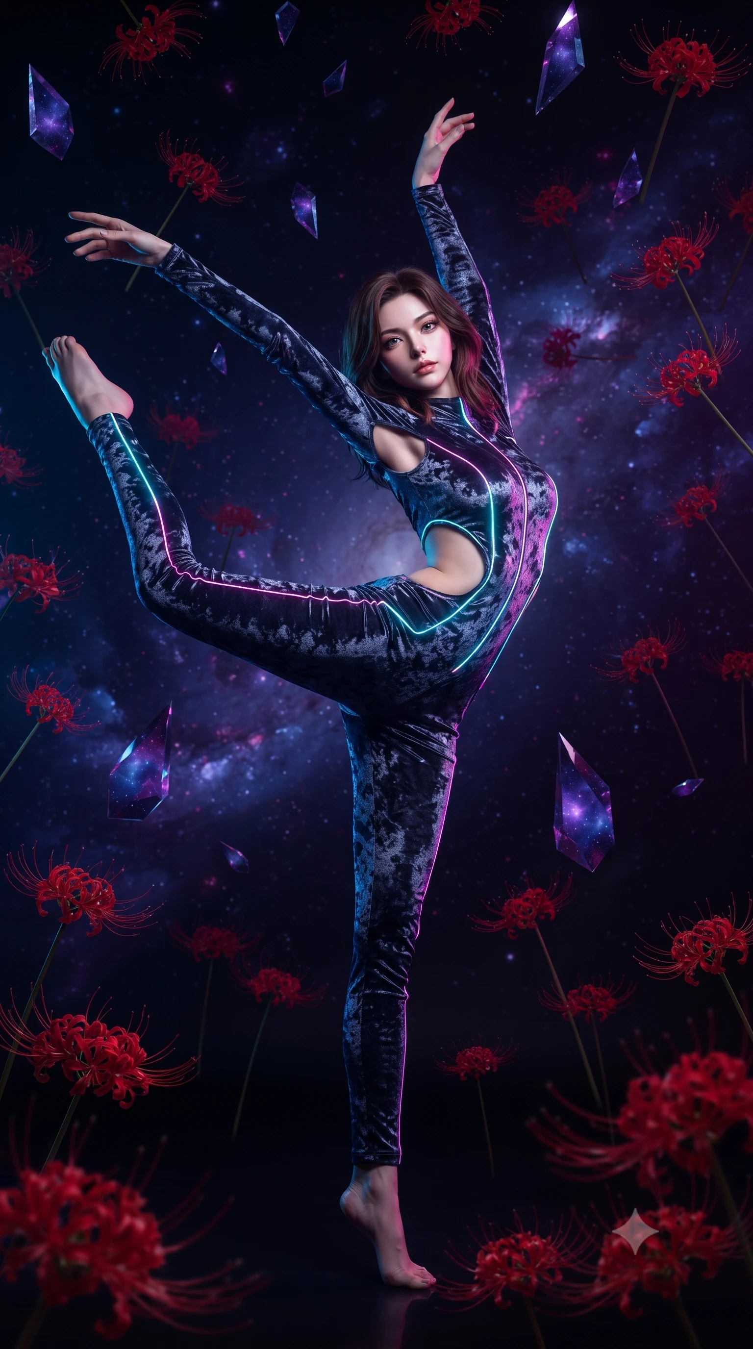 score_9, masterpiece, best quality, ultra-detailed, High-budget Anime Keyframe, editorial fashion photography, tasteful artistic composition, realistic cosplay photography, East Asian woman. Dynamic full-body shot stretching the vertical silhouette to the limit. Scenario 262: dancing amidst falling red spider lilies inside a dark void filled with floating crystal shards reflecting purple nebulae. Her presence is magnetic and overpowering in this high-budget cinematic scene. Outfit 262: a slim-fit crushed dark velvet second with a strategic side cut-outs and glowing LED seams. The clothing is designed to emphasize her exceptionally tall and slender 8-heads proportion. 8-heads proportion, towering silhouette, ultra-slim waist. sharp v-shaped jawline, intricate jewel-like eyes with depth, thick eyelashes, glossy lips. ultra-reflective glossy finish, specular highlights, metallic sheen, high-contrast stereoscopic depth, volumetric dynamic lighting, 2k, ultra detail, master piece, 9:16 ratio