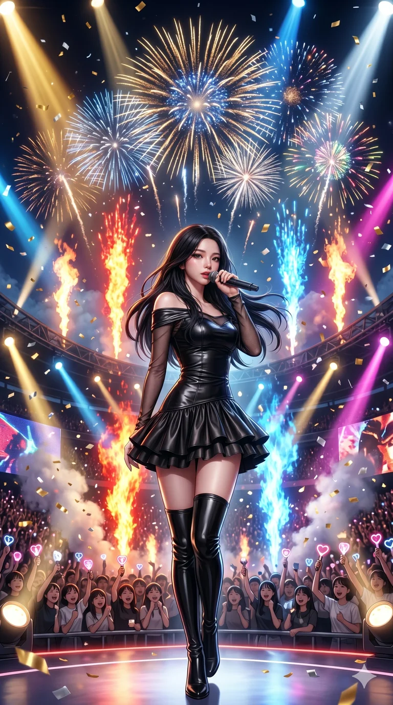 score_9, score_8_up, score_7_up, source_anime, masterpiece, best quality, ultra-detailed, same character with long flowing black hair, wearing the same outfit of black off-the-shoulder leather mini dress with ruffled skirt and sheer mesh sleeves, full body shot standing center stage, massive pyrotechnics and fireworks exploding in the background, wide angle, bright stage spotlights, 2k, 9:16 ratio