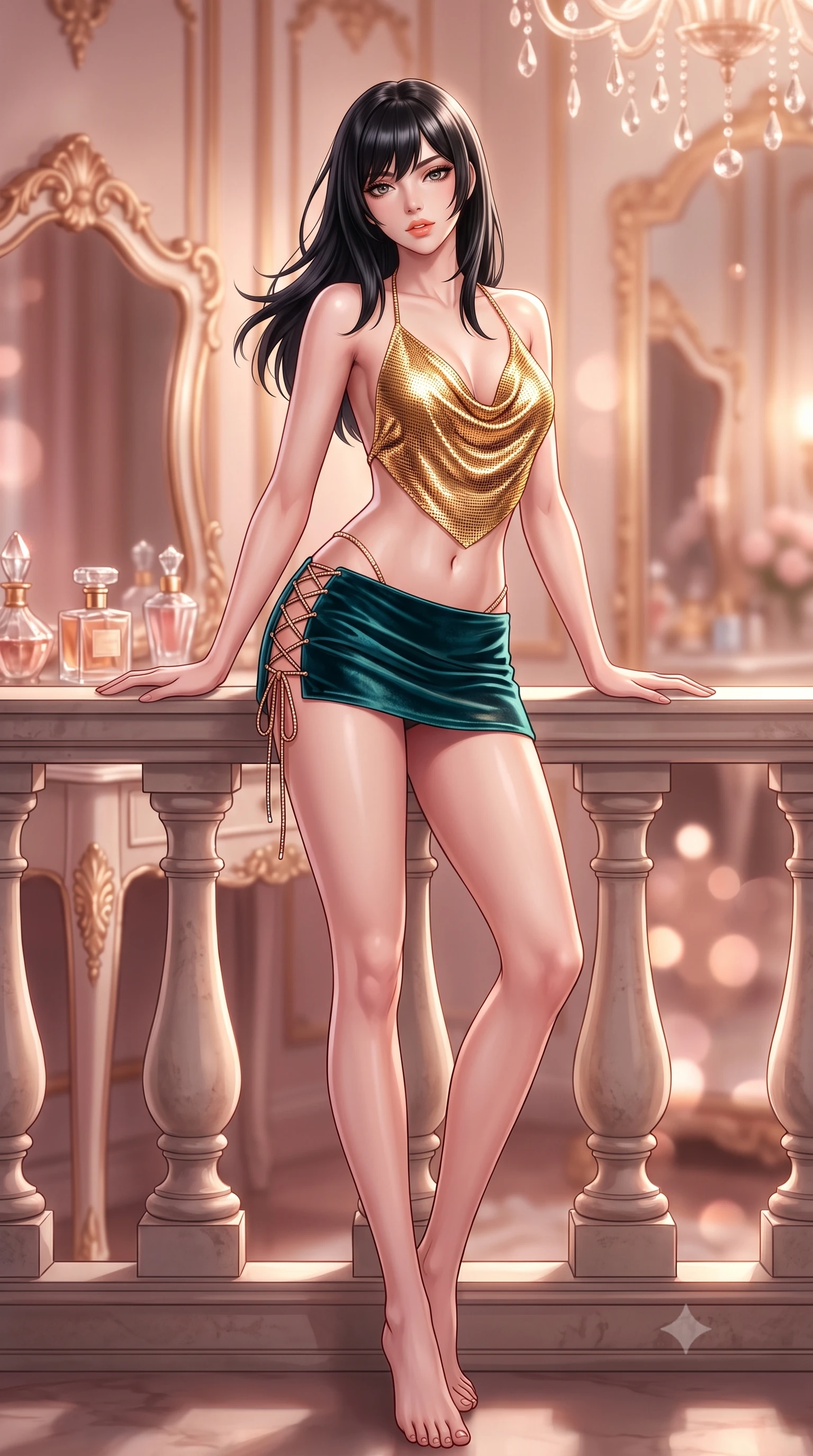 score_9, masterpiece, best quality, ultra-detailed, high-budget anime keyframe, semi-realistic 3D game render, editorial fashion photography, tasteful artistic composition, Caucasian woman. low angle full-body shot from head to toe showing her feet, filling the entire 9:16 vertical frame with her statuesque presence, stretching her vertical silhouette. leaning deep against the balcony balustrade with hips cocked back in an unapologetically alluring high-fashion stance, casting an intoxicating glance while leaning back against the tufted dusty-rose velvet chaise with hips cocked back, looking directly into the camera with an irresistible bedroom-gaze. The background shows a soft-focus infinite mirror reflections of gilded rococo frames, perfume crystal bottles on vanity table, and chandelier drops blurred into rose-gold, blush, and champagne bokeh. She has an absolutely perfect, statuesque 8.5-heads proportion, an exceptionally tall and slender model-like female figure with impossibly long slender legs, an ultra-slim waist, a flat toned midriff, narrow delicate ribcage, and beautifully sculpted feminine hips creating a graceful, slim hourglass silhouette without any bulky heaviness. sharp v-shaped jawline, high-bridge nose, sparkling eyes with hypnotic seductive depth, thick curled eyelashes, glossy parted lips with a natural dewy peach sheen, alluring bedroom-eyes with an enchanting coquettish smile, exuding magnetic siren charisma and sophisticated glamour, flawlessly proportioned anatomical accuracy, strict slender model proportions, natural body alignment, perfectly sculpted long slender limbs, ultra-slim waistline, clean dynamic posture without body distortion. wearing a liquid gold chainmail cowl halter top paired with an ultra-low-rise velvet mini skirt and side rhinestone ties in Ubud rainforest teal and sunset copper, woven from buttery-soft stretch lambskin leather adhering to her body like a second skin, featuring fine criss-cross lace-up side ties revealing tantalizing glimpses of her hip curve, the precision-cut side openings and low-back scoop framing her graceful spine and the sensual sweep of her slim, toned hips. bathed in intimate warm 2700K vanity sconce lighting combined with overhead chandelier sparkle creating multi-angle highlights. highly saturated vibrant anime colors, detailed shading with soft gradients, rich glossy textures, high-contrast stereoscopic depth, volumetric dynamic lighting, master piece, 9:16 ratio
