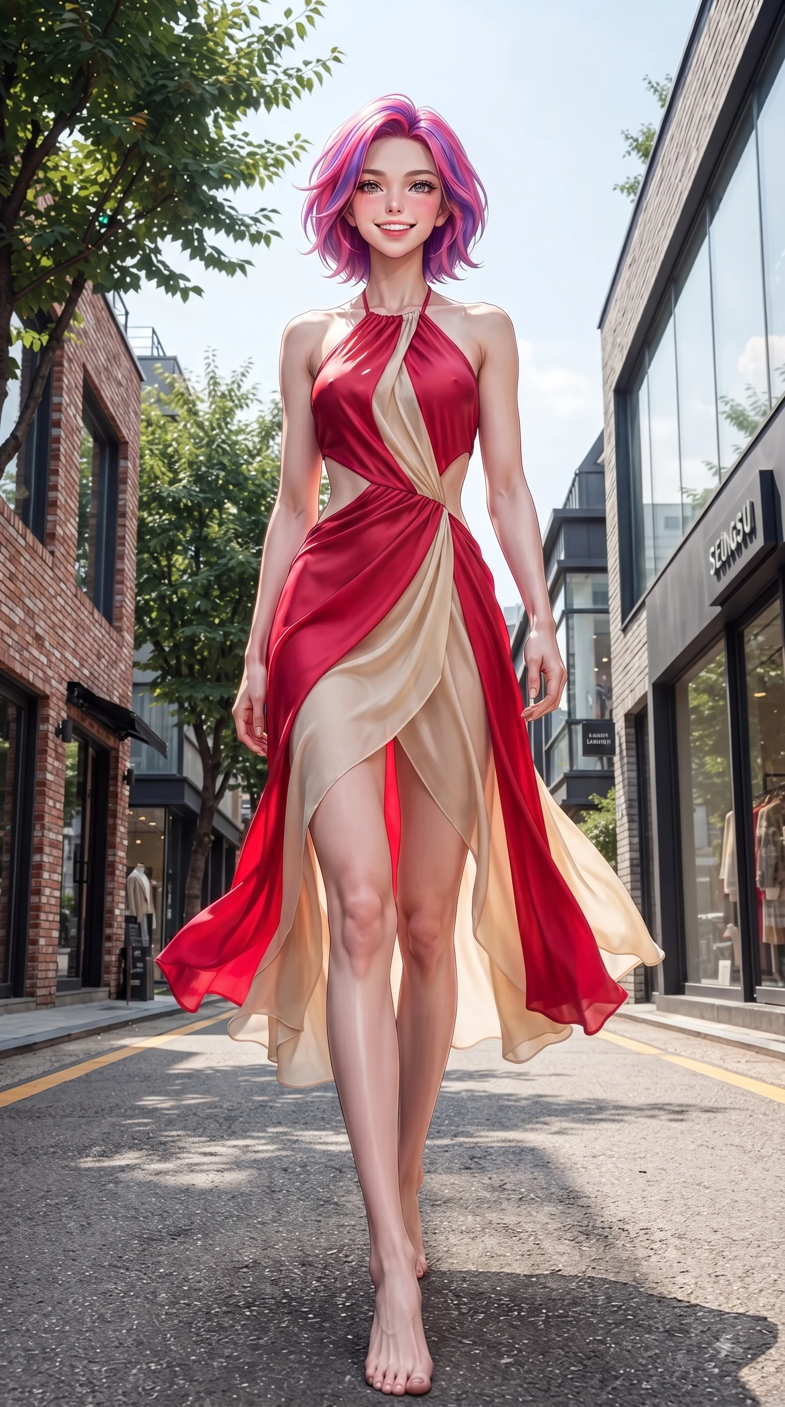 score_9, masterpiece, best quality, ultra-detailed, high-budget anime keyframe, editorial fashion photography, tasteful artistic composition, Caucasian woman. low angle full-body shot from head to toe showing her feet, filling the entire 9:16 vertical frame with her statuesque presence, stretching her vertical silhouette. walking forward in a proud dynamic stride with a cheerful beaming smile, her vertical silhouette filling the frame while stepping along a quiet tree-lined fashion avenue with an effortless statuesque posture. The surrounding environment is rendered in vivid detail and crisp panoramic clarity. vibrant Seongsu boutique storefronts, brick facade textures, and modern glass windows in sharp clarity. She has an absolutely perfect, statuesque 8.5-heads proportion, an exceptionally tall and slender model-like female figure with impossibly long slender legs and an ultra-slim waist. sharp v-shaped jawline, high-bridge nose, intricate jewel-like eyes with depth, thick eyelashes, glossy lips with a natural sheen, flawlessly proportioned anatomical accuracy, natural body alignment, perfectly sculpted elegant limbs, clean dynamic posture without body distortion. wearing a delicate silk halter-neck dress following her curves gracefully in vivid crimson red and champagne cream, crafted from lightweight fluid chiffon, complemented by clean architectural cutouts along her slender torso, the tailored fabric tightly following every curve of her athletic build. illuminated by crisp clear afternoon key light and vibrant specular highlights. ultra-reflective glossy finish, specular highlights, metallic sheen, high-contrast stereoscopic depth, volumetric dynamic lighting, 2k, ultra detail, master piece, 9:16 ratio
