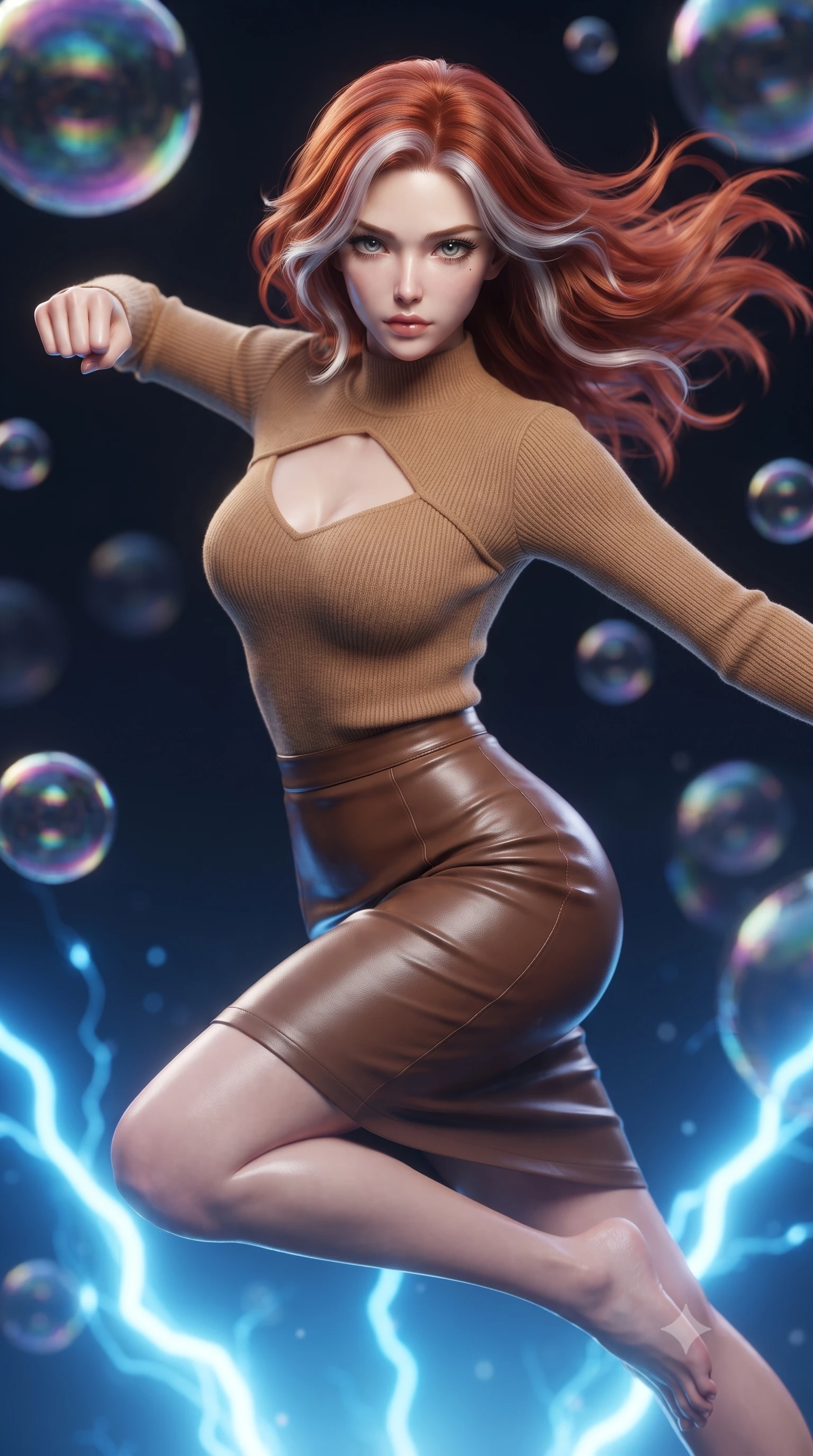 score_9, masterpiece, best quality, ultra-detailed, high-budget anime keyframe, editorial fashion photography, tasteful artistic composition, realistic cosplay photography, Caucasian woman, strictly human ears. close-up cowboy shot from the waist and thighs up, the character dominates the composition, filling the frame with her large presence, background elements kept in soft focus. Leaping into the camera's view with an aggressive, mid-action strike pose. set against a soft-focus background of a dark abyss filled with giant floating soap bubbles, each bubble mirroring a distorted rainbow sky on its surface. She has an exceptionally elegant and slender, willowy female figure with an ultra-slim waist, a gracefully sculpted slender torso, and a refined slim physique. sharp v-shaped jawline, high-bridge nose, intricate jewel-like eyes with depth, thick eyelashes, glossy lips with a natural sheen. wearing catching and diffusing the glowing particles, shimmering softly in response to the surrounding light, a tailored camel-colored knit top with a keyhole chest cutout, paired with a brown leather pencil skirt. pulsing electric blue plasma arc lighting rising dramatically from below. ultra-reflective glossy finish, specular highlights, metallic sheen, high-contrast stereoscopic depth, volumetric dynamic lighting, 2k, ultra detail, master piece, 9:16 ratio