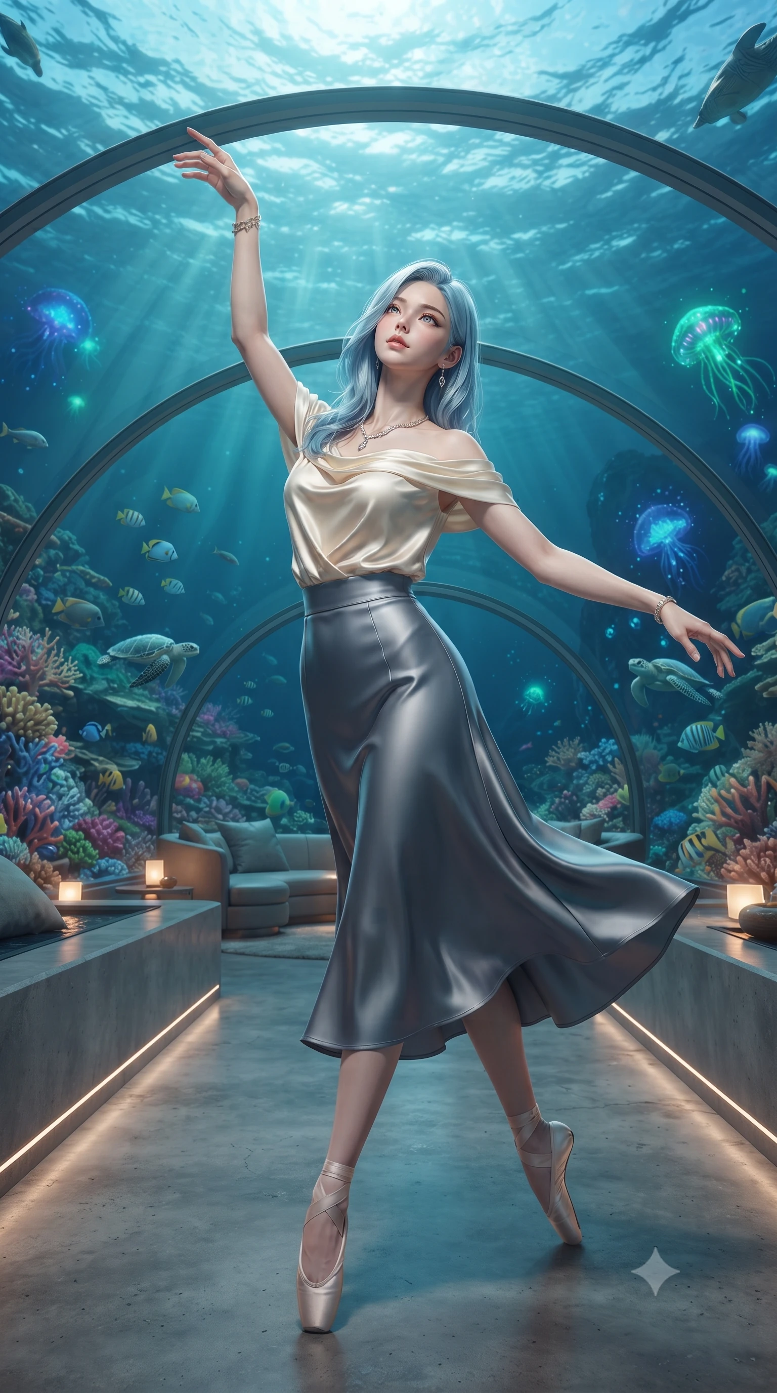 score_9, masterpiece, best quality, ultra-detailed, high-budget anime keyframe, editorial fashion photography, tasteful artistic composition, Korean woman. low angle full-body shot from head to toe showing her feet, filling the entire 9:16 vertical frame with her statuesque presence, stretching her vertical silhouette. twirling with balletic elegance inside inside a transparent dome lounge resting on the ocean floor with colorful coral reef gardens surrounding it tropical fish and sea turtles gliding past the curved glass walls and bioluminescent creatures pulsing in the deep. She has a statuesque 8.5-heads proportion, an exceptionally tall, slender and willowy model-like build with impossibly long legs and a highly sculpted ultra-slim waist. sharp v-shaped jawline, high-bridge nose, intricate jewel-like eyes with depth, thick eyelashes, glossy lips with a natural sheen. wearing a draped off-shoulder top in cream silk, tucked into a high-waisted slate grey satin midi skirt. filtered blue-green ocean light from above with bioluminescent creatures providing accent glows in blue and green and warm interior lounge lighting creating an intimate contrast. 2k, ultra detail, master piece, 9:16 ratio