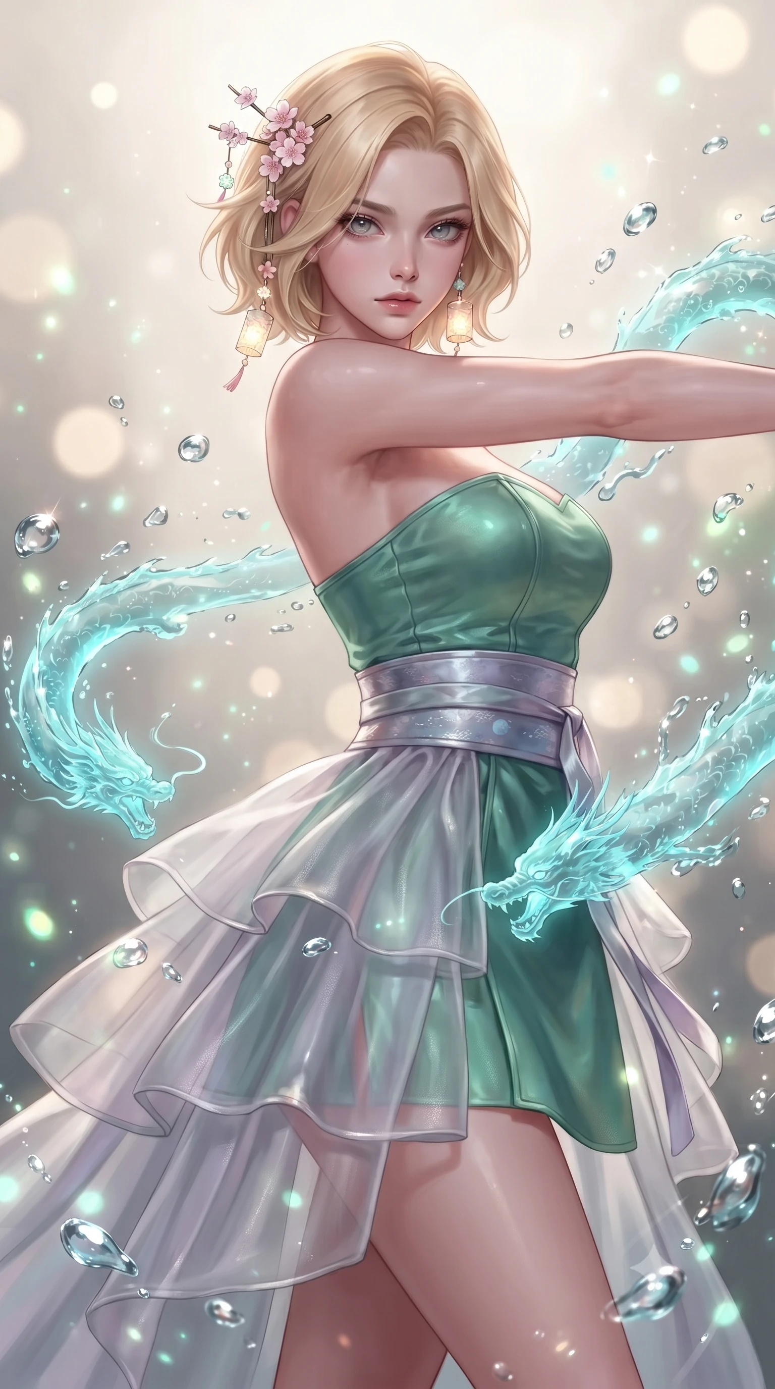 score_9, masterpiece, best quality, ultra-detailed, high-budget anime keyframe, editorial fashion photography, tasteful artistic composition, Caucasian woman. close-up cowboy shot from the waist and thighs up, the character dominates the composition, filling the frame with her large presence. radiating intense magnetic charisma with jewel-like eyes locked onto the viewer, her upper body turning in a dynamic, fluid S-curve while pivoting gracefully as dragon-shaped water streams leap through the air, their cyan glow reflecting on her polished silk attire. The composition keeps background elements in soft focus with creamy bokeh. sparkling water droplets and glowing jade micro-particles scattering luminous light motes. She has an exceptionally elegant, slender, and willowy female figure with an ultra-slim waist, a gracefully sculpted slender torso, toned flat midriff, and a refined slim silhouette. sharp v-shaped jawline, high-bridge nose, intricate jewel-like eyes with depth, thick eyelashes, glossy lips with a natural sheen, captivating and magnetic expression, flawlessly proportioned anatomical accuracy, strict slender model proportions, natural body alignment, perfectly sculpted long slender limbs, ultra-slim waistline, clean dynamic posture without body distortion. wearing a jade-inlaid silk bustier dress with multi-tiered translucent organza train and metallic sash in moonlit silver and lavender mist, crafted from traditional Korean gossamer silk organza with pearlescent luster, accessorized with delicate cherry blossom hairpins and glowing paper lantern charms, the form-contouring material adhering flawlessly to her sculpted flat midriff and slender torso, emphasizing her long leg lines and perfectly proportioned willowy build. surrounded by a royal, mythical, and deeply revered dragon palace guardian princess aura. ultra-reflective glossy finish, specular highlights, rich textural contrasts, high-contrast stereoscopic depth, volumetric dynamic lighting, 2k, ultra detail, master piece, 9:16 ratio