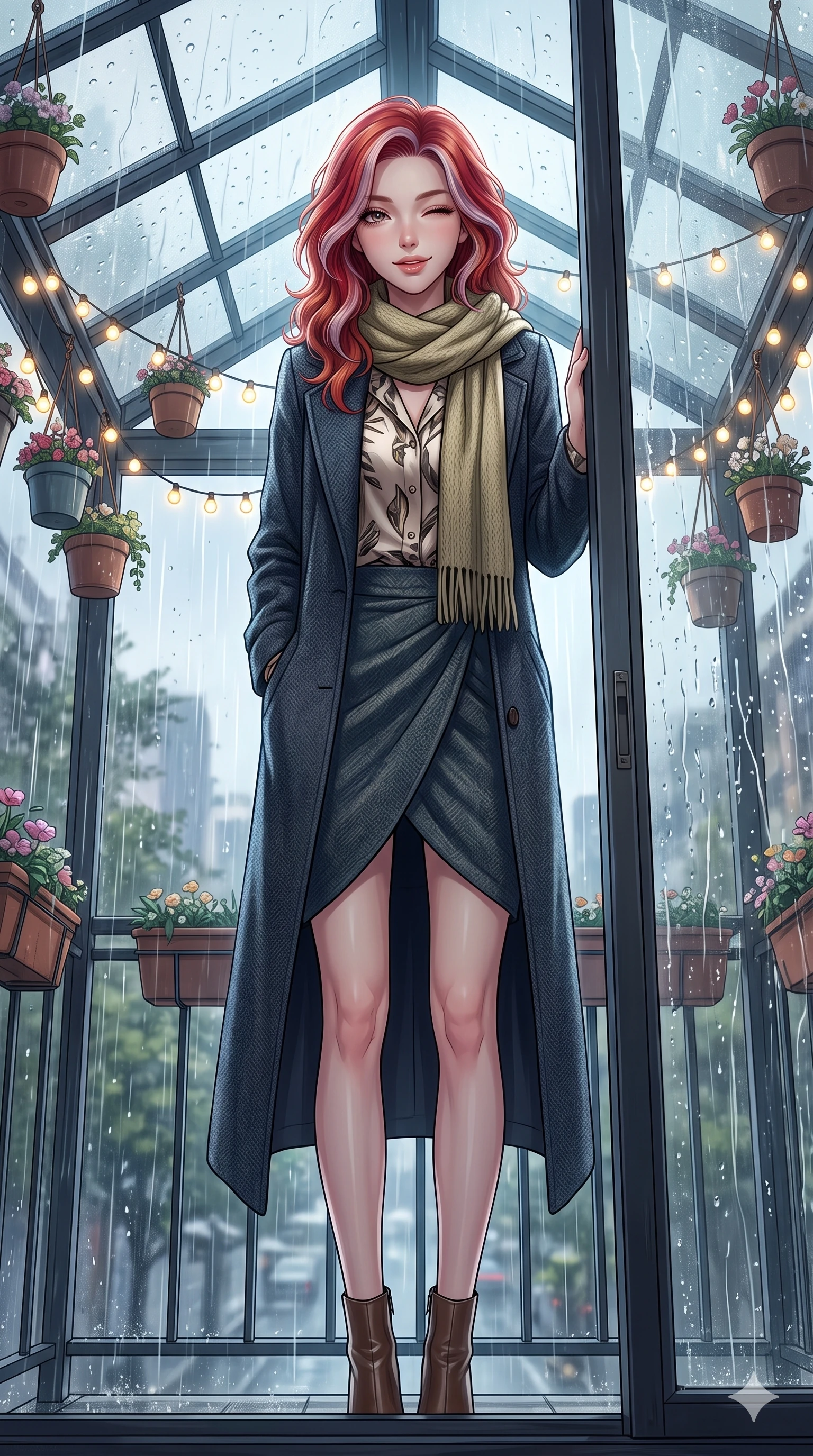 score_9, masterpiece, best quality, ultra-detailed, high-budget anime keyframe, vibrant anime aesthetic, Caucasian woman, strictly human ears. low angle full-body shot from head to toe showing her feet, filling the entire 9:16 vertical frame with her statuesque presence, stretching her vertical silhouette. She is peering through a rain-streaked window, winking with a playful grin, gazing softly at the camera lens with a gentle tilt of her head. on a glass-roofed balcony decorated with hanging flower pots and warm fairy lights, under a steady rainfall (Code-P22-008). She has an absolutely perfect 8-heads proportion, an exceptionally tall and slender female figure with impossibly long slender legs and an ultra-slim waist. V-shaped jawline, high-bridge nose, intricate jewel-like eyes with depth, thick eyelashes, glossy lips with a natural sheen. wearing a long wool coat over a chic blouse and a matching wrap skirt with a knitted scarf. She is drenched in soft daylight filtering through rain-streaked glass panels, highlighting her V-shaped jawline in the rainy afternoon. 2k, ultra detail, master piece, 9:16 ratio