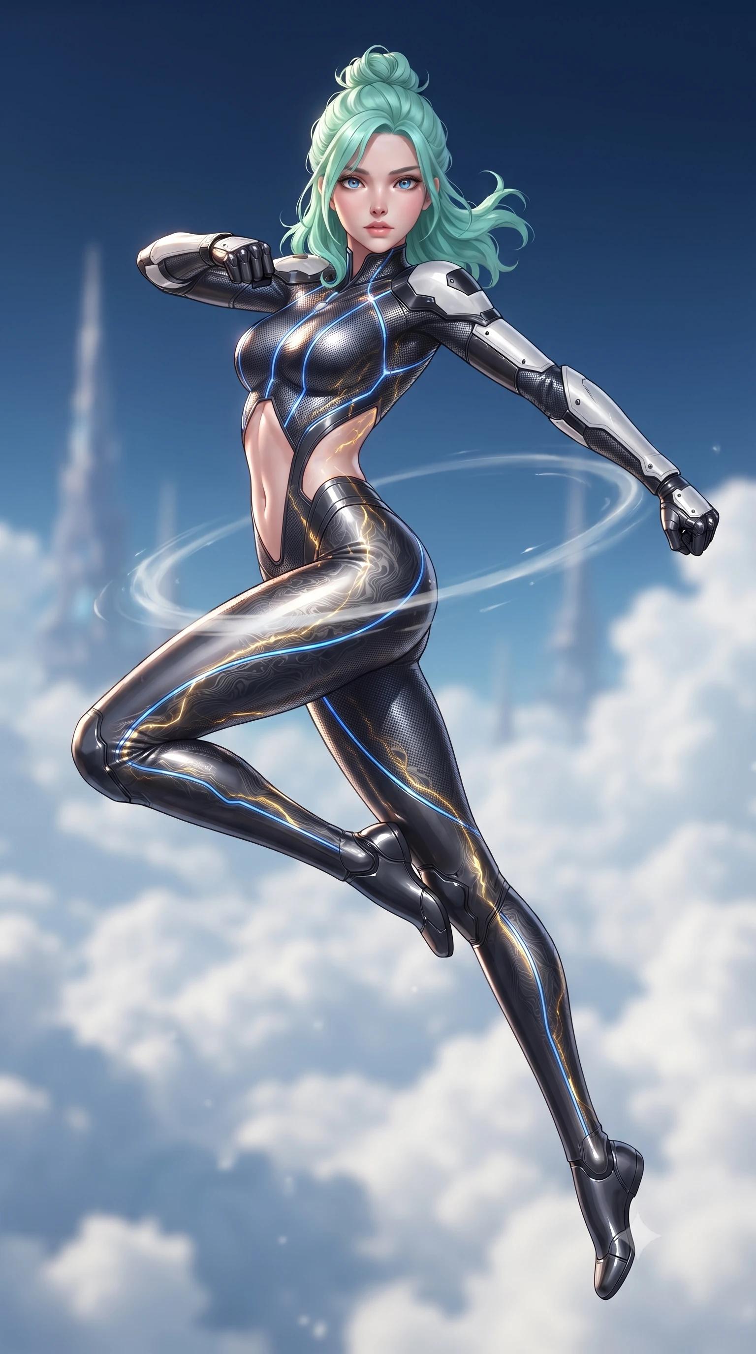 score_9, masterpiece, best quality, ultra-detailed, high-budget anime keyframe, editorial fashion photography, tasteful artistic composition, Japanese woman. low angle full-body shot from head to toe showing her feet, filling the entire 9:16 vertical frame with her statuesque presence, stretching her vertical silhouette. leaping into mid-air with an athletic yet alluring arch of her spine, driving a downward kinetic strike surrounded by a ring of displaced air while arching her spine in a fluid zero-gravity turn as golden energy waves pulse through the Damascus-pattern carbon weave of her suit. The composition keeps background elements in soft focus with creamy bokeh. billowing white cloud seas and distant celestial spires softened by shallow atmospheric focus. She has an absolutely perfect, statuesque 8.5-heads proportion, an exceptionally tall and slender model-like female figure with impossibly long slender legs, a toned flat midriff, and an ultra-slim waist. sharp v-shaped jawline, high-bridge nose, intricate jewel-like eyes with depth, thick eyelashes, glossy lips with a natural sheen, flawlessly proportioned anatomical accuracy, strict slender model proportions, natural body alignment, perfectly sculpted long slender limbs, ultra-slim waistline, clean dynamic posture without body distortion. wearing an aerodynamic dark titanium carbon-mesh jumper with glowing blue fiber lines and reinforced Damascus-pattern arm guards in monochrome white enamel carbon with high-contrast black panels, crafted from ultra-strong woven carbon-fiber composite with a satin luster, finished with high-mobility flexible limb seams and miniature magnetic armor locks, the precision-cut daring openings accentuating her delicate midriff, graceful bare collarbones, and ultra-slim feminine waistline. illuminated by crisp specular highlights tracing her sculpted flat midriff, bare spine, and slender limbs. ultra-reflective glossy finish, specular highlights, dark metallic sheen, high-contrast stereoscopic depth, volumetric dynamic lighting, 2k, ultra detail, master piece, 9:16 ratio