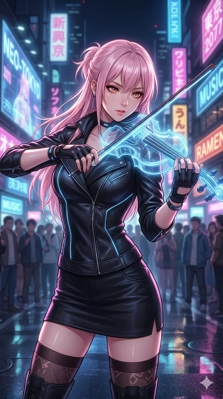 score_9, masterpiece, best quality, ultra-detailed, semi-realistic high-budget anime keyframe, an incredibly beautiful Japanese woman. Low angle cowboy shot filling the frame. She is a street musician in a futuristic city, her violin made of glowing transparent glass. She has an absolutely perfect 8-heads proportion, an exceptionally tall female figure with long slender legs and a slim-fit toned body. Her face is a masterpiece with pastel pink hair and jewel-like eyes. She is wearing a tight-fitting synthetic leather jacket and micro mini skirt, highlighting her alluring silhouette. Neon city bokeh and soft shadows, dramatic rim lighting, radiant glowing skin, 2k, ultra detail, master piece, 9:16 ratio