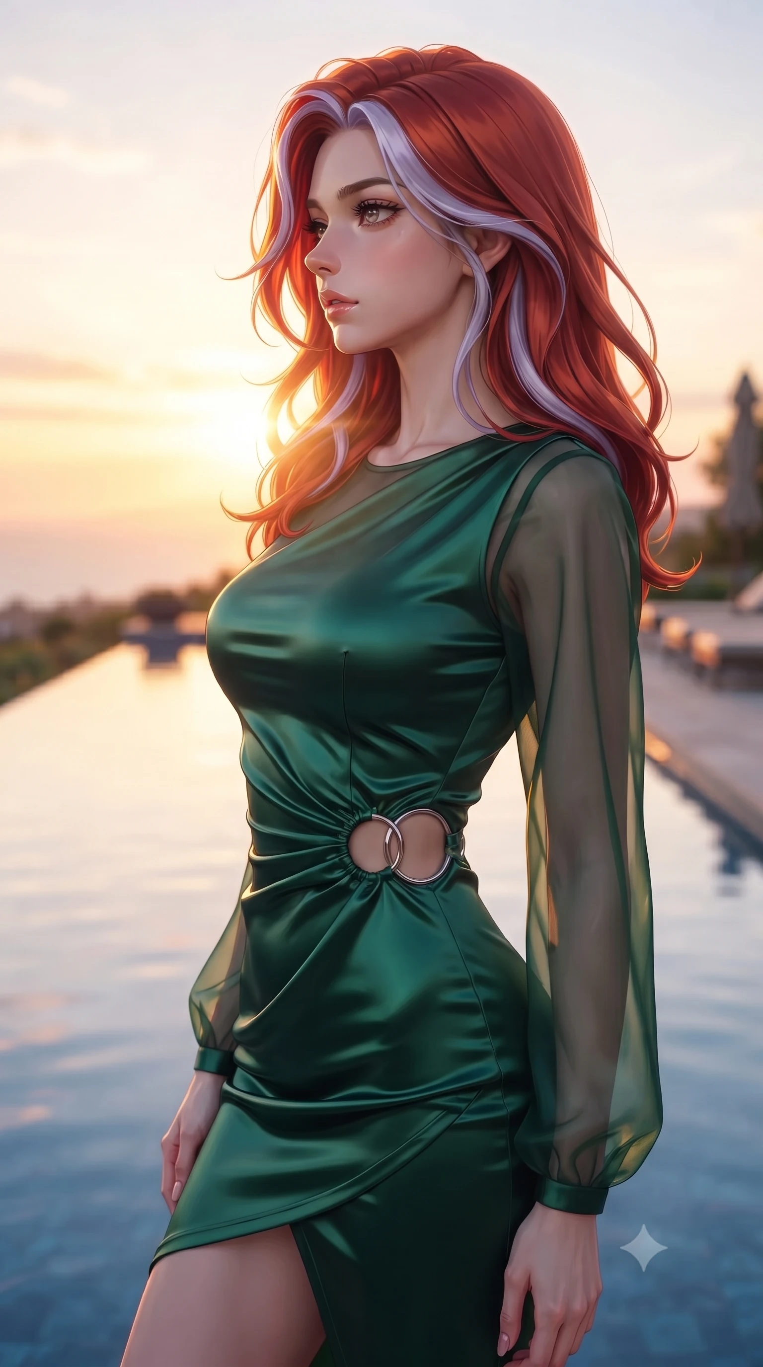 score_9, masterpiece, best quality, ultra-detailed, high-budget anime keyframe, editorial fashion photography, tasteful artistic composition, Caucasian woman. close-up cowboy shot from the waist and thighs up, the character dominates the composition, filling the frame with her large presence, background elements kept in soft focus. Turning her face in sharp dramatic profile against the bright light, showcasing her sharp v-shaped jawline poised beside an infinity reflecting pool mirroring a warm sunset sky, golden hour sunbursts creating a majestic rim lighting effect. She has an exceptionally elegant, slender, and willowy female figure with an ultra-slim waist, a gracefully sculpted slender torso, and a refined silhouette. sharp v-shaped jawline, high-bridge nose, intricate jewel-like eyes with depth, thick eyelashes, glossy lips with a natural sheen. wearing a sleek bodycon knit dress with sheer organza sleeve panels in deep emerald green and silver accent, crafted from lustrous satin jersey with fluid draping, accented with delicate chrome ring hardware framing her waist, the form-contouring material highlighting her ultra-slim waist and long lines. illuminated by soft glowing sunset radiance with dramatic golden rim highlights. highly saturated vibrant anime colors, detailed shading with soft gradients, rich glossy textures, high-contrast stereoscopic depth, volumetric dynamic lighting, master piece, 9:16 ratio