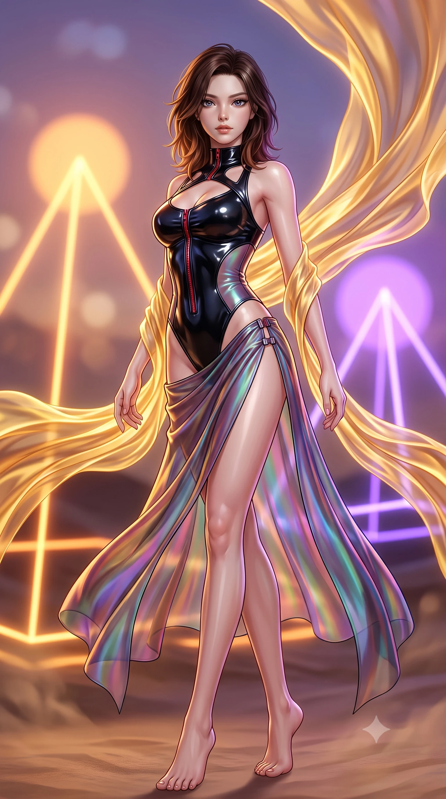 score_9, masterpiece, best quality, ultra-detailed, high-budget anime keyframe, semi-realistic 3D game render, editorial fashion photography, tasteful artistic composition, Korean woman. low angle full-body shot from head to toe showing her feet, filling the entire 9:16 vertical frame with her statuesque presence, stretching her vertical silhouette. pivoting dynamically in mid-motion with a breathtakingly alluring posture, displaying her flawless model proportions and ultra-slim waist while standing with sovereign majesty in the desert wind as glowing golden fabric whips around her slender figure. The composition keeps background elements in soft focus with creamy bokeh. giant glowing neon pyramid wireframes and twin setting suns blurred into radiant amber and violet bokeh. She has an absolutely perfect, statuesque 8.5-heads proportion, an exceptionally tall and slender model-like female figure with impossibly long slender legs and an ultra-slim waist. sharp v-shaped jawline, high-bridge nose, intricate jewel-like eyes with depth, thick eyelashes, glossy lips with a natural sheen, flawlessly proportioned anatomical accuracy, natural body alignment, perfectly sculpted elegant limbs, clean dynamic posture without body distortion. wearing a glossy black second-skin latex bodysuit with high-thigh cuts, exposed clavicle neckline, and gleaming zipper details in glossy obsidian black and radiant crimson red, made of smooth iridescent silk chiffon that shifts colors with movement, finished with an ultra-high side slit secured by miniature magnetic clasps, the form-contouring second-skin material highlighting her ultra-slim waist and long lines. surrounded by an epic, windswept, and intensely magnetic cosmic desert atmosphere. highly saturated vibrant anime colors, detailed shading with soft gradients, rich glossy textures, high-contrast stereoscopic depth, volumetric dynamic lighting, master piece, 9:16 ratio