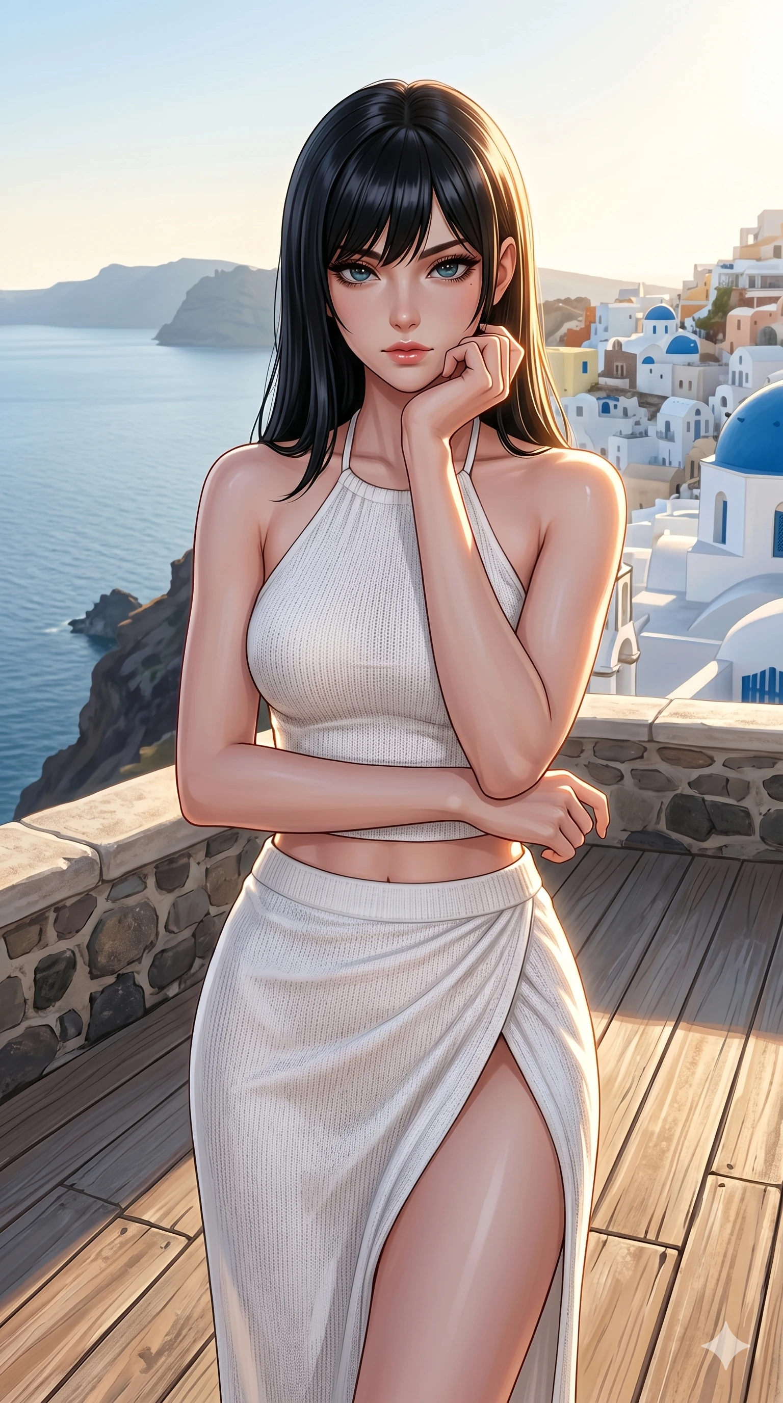 score_9, masterpiece, best quality, ultra-detailed, high-budget anime keyframe, editorial fashion photography, tasteful artistic composition, Caucasian woman, strictly human ears. cowboy shot from the thighs up, character and outfit filling the frame for maximum editorial presence. resting her chin on her fingers, looking directly into the lens with a piercing, mysterious gaze on a private teak sun-deck of a cliffside villa in Santorini, overlooking the calm Aegean sea (Code-P018). She has an absolutely perfect 8-heads proportion, an exceptionally tall and slender female figure with impossibly long slender legs and an ultra-slim waist. V-shaped jawline, high-bridge nose, intricate jewel-like eyes with depth, thick eyelashes, glossy lips with a natural sheen. wearing a white knit halter top showing her elegant clavicle lines, and a high-slit wrap skirt. drenched in brilliant afternoon sunshine, casting warm rays that trace the curves of her athletic figure. 2k, ultra detail, master piece, 9:16 ratio