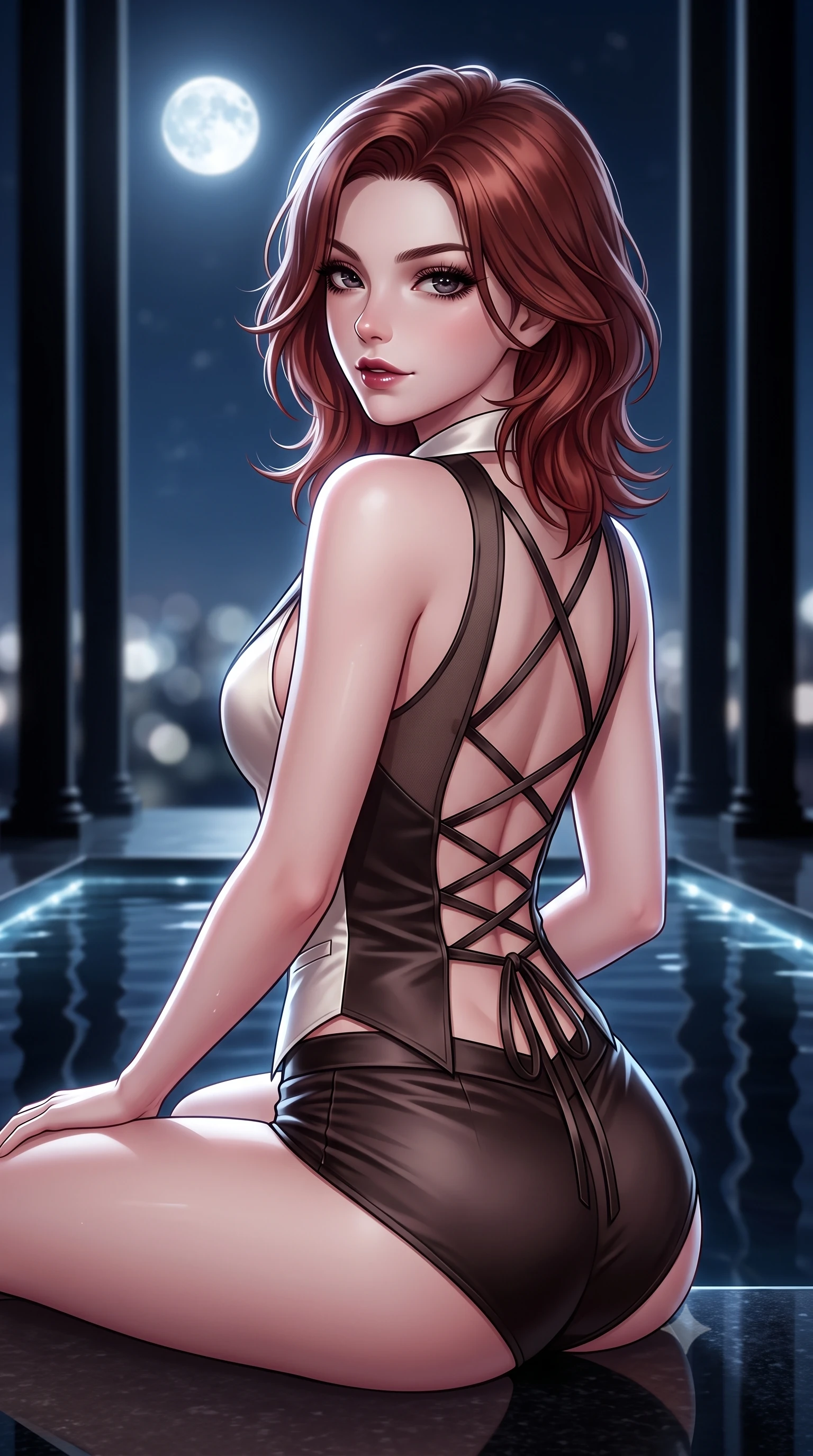 score_9, masterpiece, best quality, ultra-detailed, high-budget anime keyframe, semi-realistic 3D game render, editorial fashion photography, tasteful artistic composition, Korean woman. close-up cowboy shot from the waist and thighs up, the character dominates the composition, filling the frame with her large presence. posing in an alluring rear three-quarter angle, turning over a bare shoulder with an intoxicating, smoldering gaze, her hips cocked back to highlight her slim hourglass curve while sitting gracefully at the water's edge of a mirror-still black granite reflection pool, arching her lower back as cold silver moonlight sculpts her silhouette. The composition keeps background elements in soft focus with dreamy creamy bokeh. soaring minimalist black basalt columns and distant open midnight sky with bright full moon blurred into cold platinum, silver, and obsidian bokeh. She has an exceptionally elegant, slender, and willowy female figure with an ultra-slim waist, flat toned midriff, narrow ribcage, and sculpted feminine hips creating an alluring, slim hourglass silhouette without bulk. sharp v-shaped jawline, high-bridge nose, intricate jewel-like dark sparkling eyes with dangerous depth, thick curled eyelashes, glossy parted lips with a rich wine sheen, smoldering seductive half-smile with bedroom-eyes, exuding effortless superiority and intoxicating dark allure, flawlessly proportioned anatomical accuracy, strict slender model proportions, natural body alignment, perfectly sculpted long slender limbs, ultra-slim waistline, clean dynamic posture without body distortion. wearing a tailored satin tuxedo vest worn closed against bare skin with high-cut tailored satin hot-pants in dark espresso brown and pearlescent ivory, made of semi-opaque dark contouring mesh clinging like a second skin, featuring a dramatic criss-cross satin back lacing tracing her slender spine, the form-contouring cut accentuating her sculpted flat midriff, narrow delicate ribcage, and gracefully curvy hips with sovereign high-fashion precision. illuminated by subtle underwater fiber-optic perimeter lights and crisp platinum rim lighting sharply carving her slim torso, narrow waist, and curvy hips. highly saturated vibrant anime colors, detailed shading with soft gradients, rich glossy textures, high-contrast stereoscopic depth, volumetric dynamic lighting, master piece, 9:16 ratio