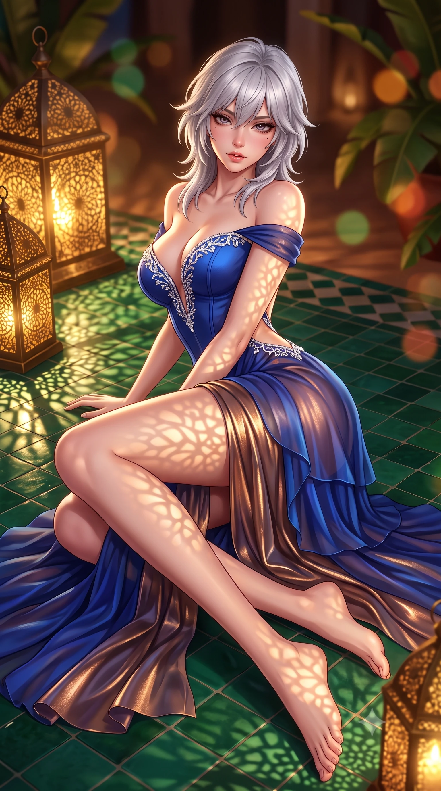 score_9, masterpiece, best quality, ultra-detailed, high-budget anime keyframe, semi-realistic 3D game render, editorial fashion photography, tasteful artistic composition, Japanese woman. low angle full-body shot from head to toe showing her feet, filling the entire 9:16 vertical frame with her statuesque presence, stretching her vertical silhouette. reclining on her side in an elegant Cleopatra pose with one knee drawn up, the dramatic contour of her rounded hips and long slender legs commanding the 9:16 vertical frame while standing poised on the emerald zellige tiled floor, twisting her slender torso in an alluring S-curve in the warm, fragrant desert night. The composition keeps background elements in soft focus with creamy bokeh. pierced brass lanterns casting intricate shadow mandalas and leafy banana palms blurred into emerald, amber, and terracotta bokeh. She has an exceptionally tall and slender model-like 8.5-heads proportion, an ultra-slim waist, a flat toned midriff, narrow delicate ribcage, and beautifully sculpted feminine hips creating a graceful, slim hourglass silhouette without any bulky heaviness, with impossibly long slender legs. sharp v-shaped jawline, high-bridge nose, intricate jewel-like eyes with depth, thick eyelashes, glossy parted lips with a natural sheen, intensely captivating and seductive bedroom-eyes expression, flawlessly proportioned anatomical accuracy, strict slender model proportions, natural body alignment, perfectly sculpted long slender limbs, ultra-slim waistline, clean dynamic posture without body distortion. wearing an off-shoulder French court corset bodice dress paired with a tiered translucent chiffon slit skirt in royal sapphire blue and liquid bronze, crafted from luxurious metallic lamé that shifts radiance with every step, finished with delicate crystal frost embroidery tracing the plunging neckline, the precision-cut side openings and low-back scoop framing her graceful spine and the sensual sweep of her slim, toned hips. bathed in warm golden candlelight filtering through pierced brass lamps creating delicate lace-like shadow patterns. highly saturated vibrant anime colors, detailed shading with soft gradients, rich glossy textures, high-contrast stereoscopic depth, volumetric dynamic lighting, master piece, 9:16 ratio