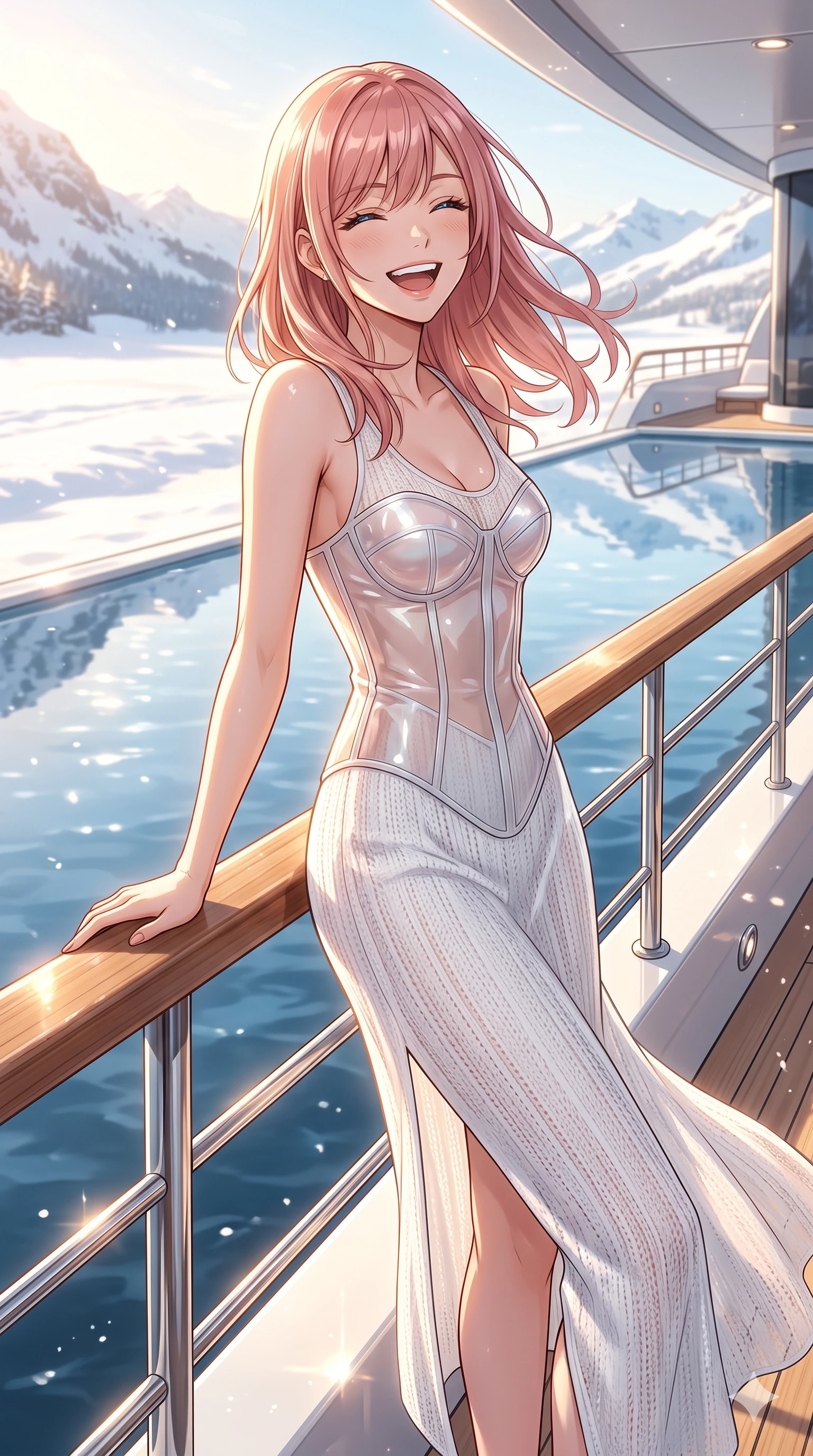score_9, masterpiece, best quality, ultra-detailed, high-budget anime keyframe, vibrant anime aesthetic, Japanese woman. cowboy shot from the thighs up, character and outfit filling the frame for maximum presence. She is leaning against a yacht rail, laughing happily in the morning winter sunshine by a modern infinity pool reflecting snowy skies (Code-P21-126). She has an absolutely perfect 8-heads proportion, an exceptionally tall and slender female figure with impossibly long slender legs and an ultra-slim waist. V-shaped jawline, high-bridge nose, intricate jewel-like eyes with depth, thick eyelashes, glossy lips with a natural sheen. wearing a translucent gloss-finish structured bodice worn over a white textured knit resort wear, fitting elegantly in snow. She is drenched in bright, warm sunbeams reflecting off the snowy ground, casting dancing highlights. 2k, ultra detail, master piece, 9:16 ratio