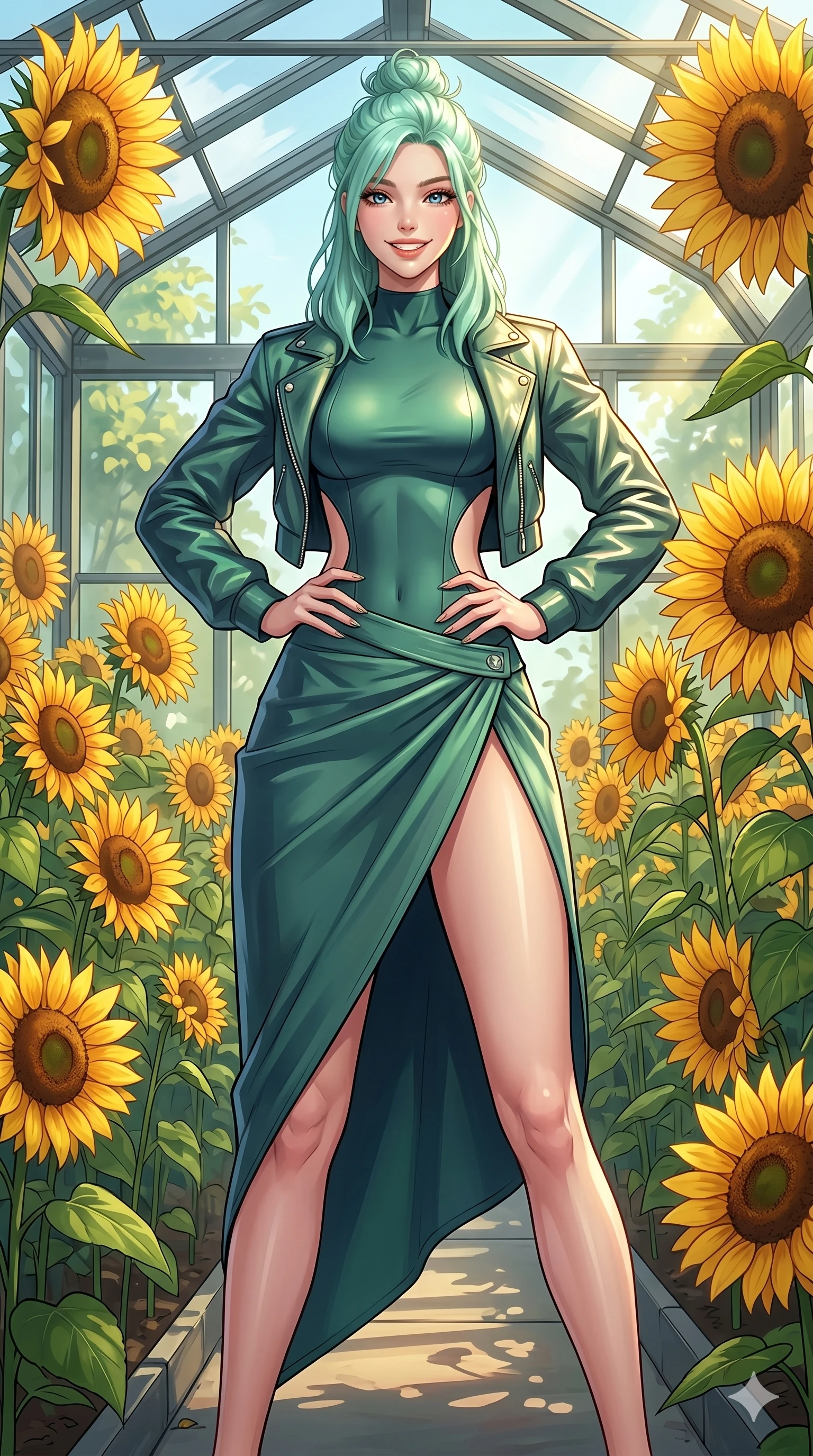 score_9, masterpiece, best quality, ultra-detailed, high-budget anime keyframe, vibrant anime aesthetic, Japanese woman. cowboy shot from the thighs up, character and outfit filling the frame for maximum presence. She is standing proud and tall, her face lit by a warm, lively smile of confidence inside a modern greenhouse filled with sunflowers (Code-P20-091). She has an absolutely perfect 8-heads proportion, an exceptionally tall and slender female figure with impossibly long slender legs and an ultra-slim waist. V-shaped jawline, high-bridge nose, intricate jewel-like eyes with depth, thick eyelashes, glossy lips with a natural sheen. wearing a neoprene bodysuit with side cut-outs and high-slit wrap. She is illuminated by warm, golden sun rays highlighting the textures of her designer jacket. 2k, ultra detail, master piece, 9:16 ratio