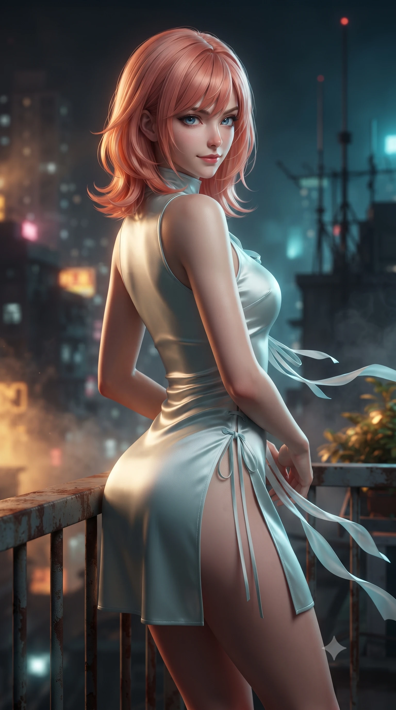score_9, masterpiece, best quality, ultra-detailed, high-budget anime keyframe, editorial fashion photography, tasteful artistic composition, Japanese woman. close-up cowboy shot from the waist and thighs up, the character dominates the composition, filling the frame with her large presence. resting both hands lightly behind her back while leaning toward the lens with a cheerful, teasing grin, her form-fitting fusion dress hugging her narrow waist and hip curve while leaning against a weathered steel railing with hips cocked back, looking over a bare shoulder with an alluring, dangerous half-smile into the neon fog. The background shows a soft-focus drifting urban mist and silhouetted high-rise antenna spires softened in iconic Hong Kong noir shallow focus. She has an exceptionally elegant, slender, and willowy female figure with an ultra-slim waist, flat toned midriff, narrow ribcage, and sculpted feminine hips creating an alluring, slim hourglass silhouette without bulk. sharp v-shaped jawline, high-bridge nose, intricate jewel-like dark sparkling almond eyes with depth, thick lashes, glossy parted lips with a natural rose-plum sheen, bright alluring and coquettish smile with bedroom-eyes, exuding both timeless oriental elegance and sovereign high-fashion allure, flawlessly proportioned anatomical accuracy, strict slender model proportions, natural body alignment, perfectly sculpted long slender limbs, ultra-slim waistline, clean dynamic posture without body distortion. wearing a form-contouring sleeveless turtleneck mini dress in liquid silk satin with subtle side hip ties and high slits in pure celadon porcelain blue and cloud white, tailored from fine crisp cotton-linen with clean structural lines, accented with flowing gossamer silk ribbons that flutter dynamically in the evening breeze, the precision-cut side hip slits and low-back scoop framing her graceful spine and the sensual sweep of her slim, toned hips. illuminated by rooftop garden amber accents and sharp laser-cyan rim lighting sculpting her razor-sharp jawline, narrow waist, and curvy hips. ultra-reflective glossy finish, specular highlights, rich textural contrasts, high-contrast stereoscopic depth, volumetric dynamic lighting, 2k, ultra detail, master piece, 9:16 ratio