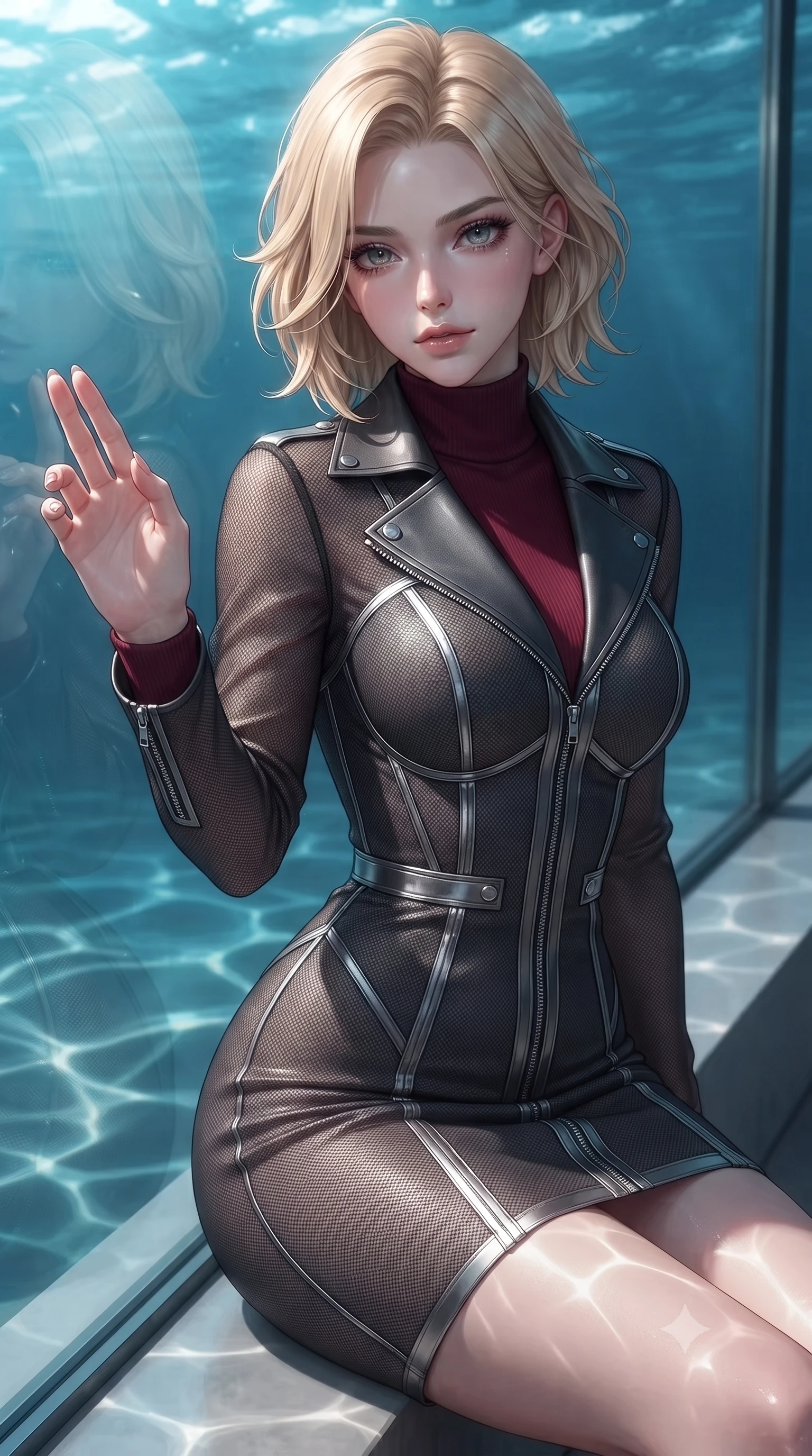 score_9, masterpiece, best quality, ultra-detailed, high-budget anime keyframe, editorial fashion photography, tasteful artistic composition, Caucasian woman. close-up cowboy shot from the waist and thighs up, the character dominates the composition, filling the frame with her large presence, background elements kept in soft focus. Reaching one hand toward the viewer with relaxed sensual elegance, resting near a glass bay wall as gentle ocean waves cast dynamic caustic patterns, fluid movement of her body draped in semi-opaque sheer chiffon. She has an exceptionally elegant, slender, and willowy female figure with an ultra-slim waist, a gracefully sculpted slender torso, and a refined silhouette. sharp v-shaped jawline, high-bridge nose, intricate jewel-like eyes with depth, thick eyelashes, glossy lips with a natural sheen. wearing structured charcoal trench dress over sleek turtleneck in deep crimson burgundy, made of fine dark contouring mesh, finished with metallic silver boning and sleek zipper points, the fitted fabric emphasizing her ultra-slim waist. lit by clear sunbeams penetrating ocean depths with soft shadows. ultra-reflective glossy finish, specular highlights, metallic sheen, high-contrast stereoscopic depth, volumetric dynamic lighting, 2k, ultra detail, master piece, 9:16 ratio