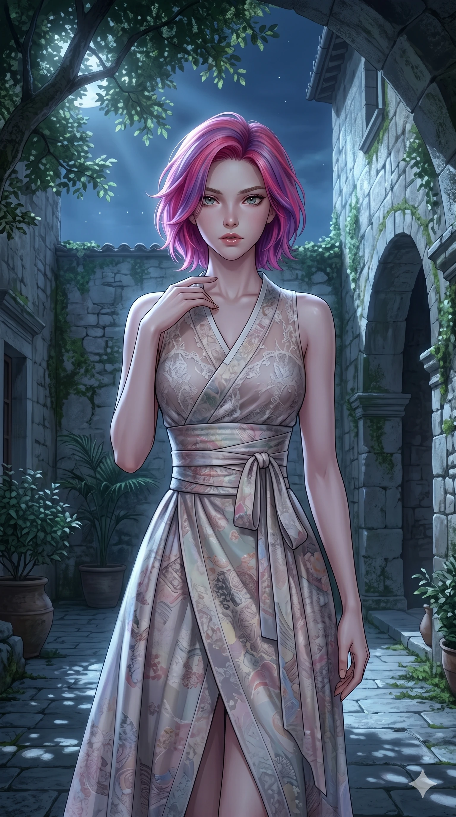 score_9, masterpiece, best quality, ultra-detailed, high-budget anime keyframe, editorial fashion photography, tasteful artistic composition, Caucasian woman, strictly human ears. cowboy shot from the thighs up, character and outfit filling the frame for maximum editorial presence. gazing directly into the camera with quiet intensity, one hand gently tracing her collarbone line standing in a quiet stone courtyard of an old Italian villa (Code-P16-014). She has an absolutely perfect 8-heads proportion, an exceptionally tall and slender female figure with impossibly long slender legs and an ultra-slim waist. V-shaped jawline, high-bridge nose, intricate jewel-like eyes with depth, thick eyelashes, glossy lips with a natural sheen. wearing a fusion silk hanbok-style wrap with wide obi and a semi-opaque sheer lace panel bodice. soft silver moonlight filtered through the leaves, creating a mystical and elegant glow. 2k, ultra detail, master piece, 9:16 ratio
