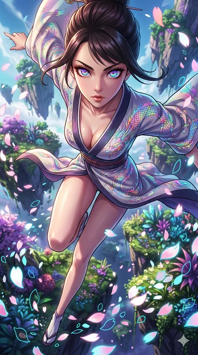 score_9, masterpiece, best quality, ultra-detailed, Set A: High-budget Anime Keyframe, Japanese woman. Low angle cowboy shot filling the entire 9:16 frame with her statuesque presence. Leaping through a floating botanical garden, while her eyes glow 