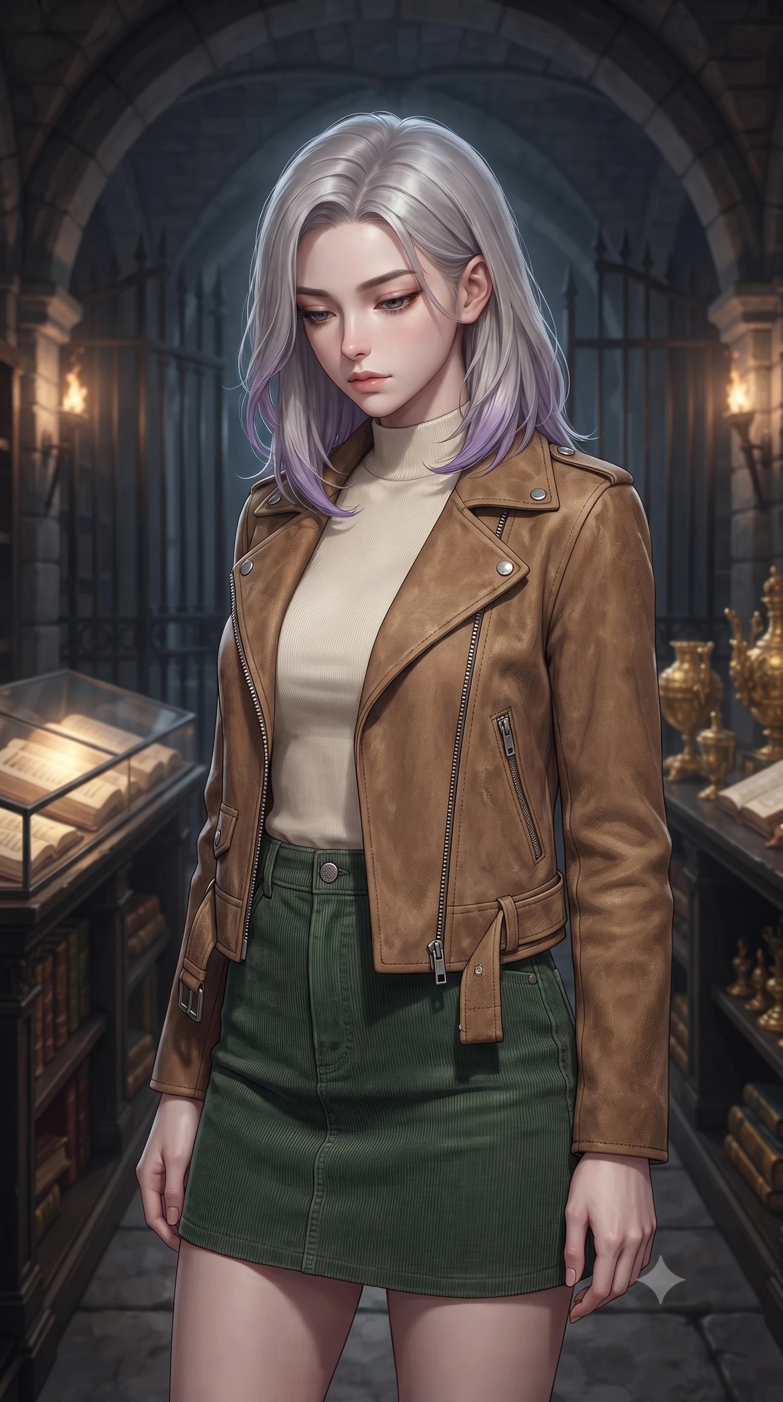 score_9, masterpiece, best quality, ultra-detailed, high-budget anime keyframe, editorial fashion photography, tasteful artistic composition, Caucasian woman, strictly human ears. close-up cowboy shot from the waist and thighs up, the character dominates the composition, filling the frame with her large presence, background elements kept in soft focus. Looking down with lowered lashes and a composed powerful expression. set against a soft-focus background of a subterranean vault with arched stone ceilings and heavy iron gates walls lined with ancient illuminated manuscripts under glass and gold artifacts gleaming on velvet-lined shelves stretching into torch-lit darkness. She has an exceptionally elegant and slender, willowy female figure with an ultra-slim waist, a gracefully sculpted slender torso, and a refined slim physique. sharp v-shaped jawline, high-bridge nose, intricate jewel-like eyes with depth, thick eyelashes, glossy lips with a natural sheen. wearing a rustic tan suede jacket over a cream mock-neck top and a forest green corduroy mini skirt. cold silver moonlight filtered through translucent gossamer curtains casting delicate shadows. 2k, ultra detail, master piece, 9:16 ratio