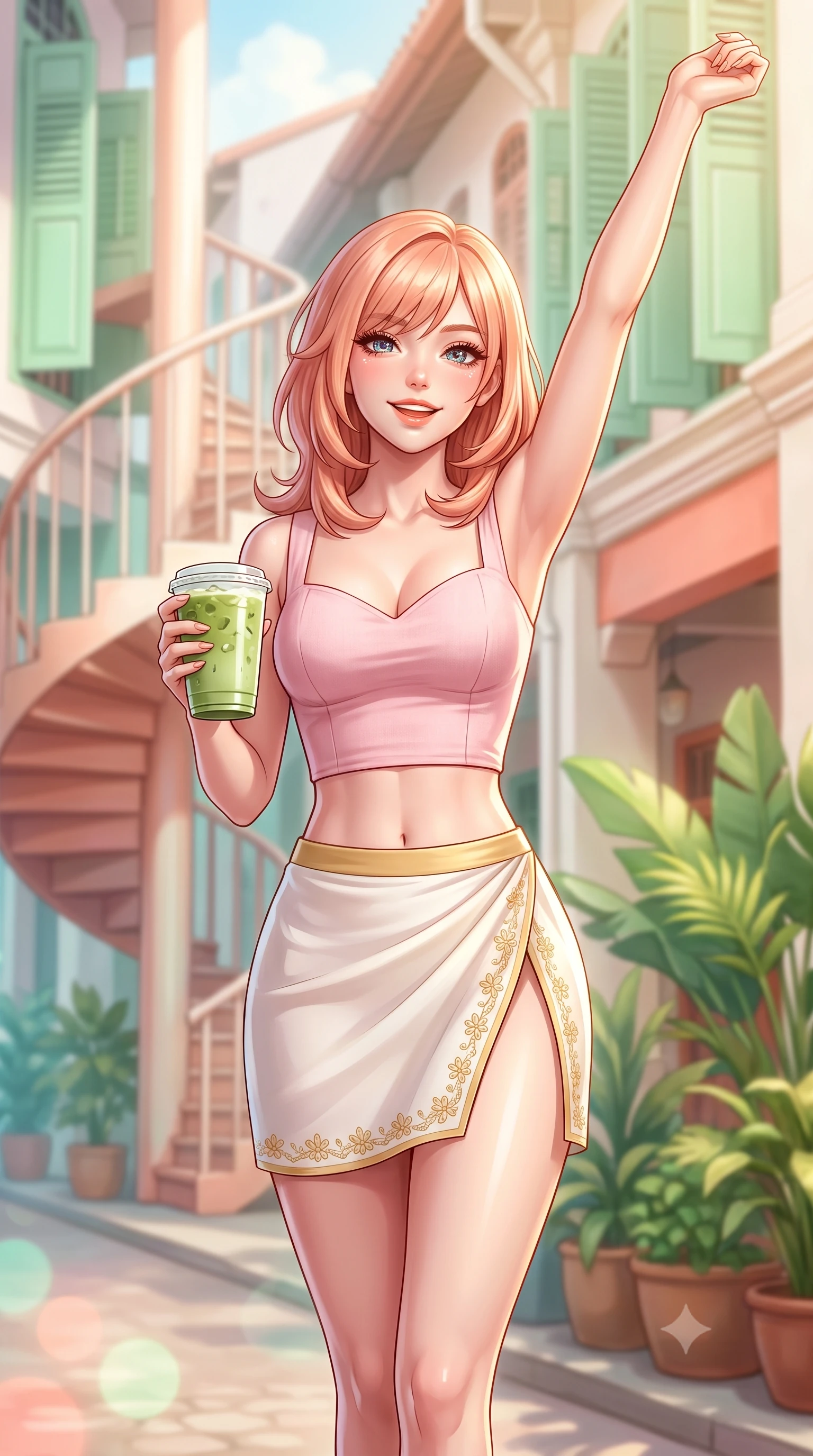score_9, masterpiece, best quality, ultra-detailed, high-budget anime keyframe, semi-realistic 3D game render, editorial fashion photography, tasteful artistic composition, Japanese woman. close-up cowboy shot from the waist and thighs up, the character dominates the composition, filling the frame with her large presence. playfully stretching one arm overhead toward the sun, her radiant smile capturing fresh girlhood charm while her arched torso reveals an intoxicating hip contour while walking down the quiet heritage street with an iced matcha latte in hand, her form-contouring casual chic outfit accentuating her narrow waist and rounded hips. The composition keeps background elements in soft focus with dreamy creamy bokeh. curved art deco spiral staircases, pastel green window shutters, and lush potted tropical foliage blurred into mint, coral, and cream bokeh. She has an exceptionally elegant, slender, and willowy female figure with an ultra-slim waist, flat toned midriff, narrow ribcage, and sculpted feminine hips creating an alluring, slim hourglass silhouette without bulk. sharp v-shaped jawline, high-bridge nose, intricate jewel-like sparkling eyes with depth, thick eyelashes, glossy parted lips with a natural peach sheen, bright cheerful beaming smile with an enchanting and coquettish sensual glint, exuding both youthful cute charm and seductive allure, flawlessly proportioned anatomical accuracy, strict slender model proportions, natural body alignment, perfectly sculpted long slender limbs, ultra-slim waistline, clean dynamic posture without body distortion. wearing a sweetheart-neckline baby-pink crop top with a high-slit wrap mini skirt accentuating her waist-to-hip curve in pure alabaster white and sun-kissed gold, crafted from soft breathable linen with effortless natural drape, complemented by delicate embroidered floral trim along the hem, the form-fitting cut adhering flawlessly to her sculpted flat midriff and slender torso, emphasizing her long leg lines and perfectly proportioned willowy build. bathed in warm, luminous tropical morning sunlight streaming into the secluded courtyard. highly saturated vibrant anime colors, detailed shading with soft gradients, rich glossy textures, high-contrast stereoscopic depth, volumetric dynamic lighting, master piece, 9:16 ratio