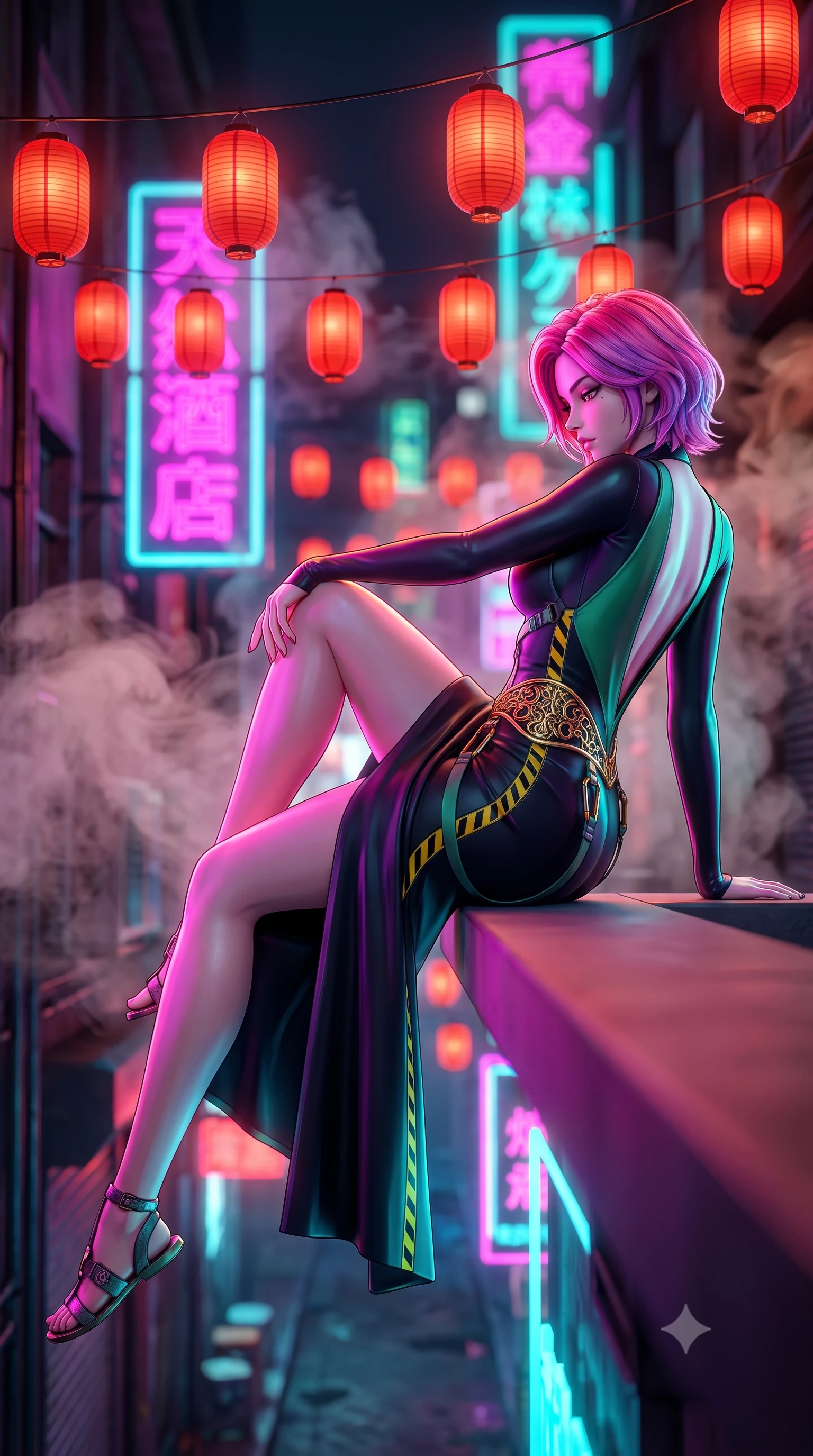 score_9, masterpiece, best quality, ultra-detailed, high-budget anime keyframe, semi-realistic 3D game render, editorial fashion photography, tasteful artistic composition, Caucasian woman. low angle full-body shot from head to toe showing her feet, filling the entire 9:16 vertical frame with her statuesque presence, stretching her vertical silhouette. reclining on her side in an elegant Cleopatra pose with one knee drawn up, the dramatic contour of her rounded hips and long slender legs commanding the 9:16 vertical frame while standing poised beneath hanging crimson paper lanterns, twisting her slender torso in an alluring S-curve while looking down at the neon-lit alley below. The composition keeps background elements in soft focus with creamy bokeh. swirling tea steam vapors and glowing neon kanji signs blurred into electric magenta, turquoise, and lantern-scarlet bokeh. She has an absolutely perfect, statuesque 8.5-heads proportion, an exceptionally tall and slender model-like female figure with impossibly long slender legs, a toned flat midriff, an ultra-slim waist, and beautifully sculpted feminine hips. sharp v-shaped jawline, high-bridge nose, intricate jewel-like eyes with depth, thick eyelashes, glossy parted lips with a natural sheen, intensely captivating and seductive bedroom-eyes expression, flawlessly proportioned anatomical accuracy, strict slender model proportions, natural body alignment, perfectly sculpted long slender limbs, ultra-slim waistline, clean dynamic posture without body distortion. wearing a sleek obsidian column dress with gold filigree hip cincher and plunging backline in jade green and dark obsidian, crafted from flexible reflective spandex and tactical webbing, finished with high-visibility hazard warning tape details and carabiner clips, the glove-like aerodynamic silhouette tightly following the natural contour of her hips and long slender legs with statuesque precision. bathed in vibrant magenta and electric cyan neon light contrasting with warm lantern scarlet downlights. highly saturated vibrant anime colors, detailed shading with soft gradients, rich glossy textures, high-contrast stereoscopic depth, volumetric dynamic lighting, master piece, 9:16 ratio